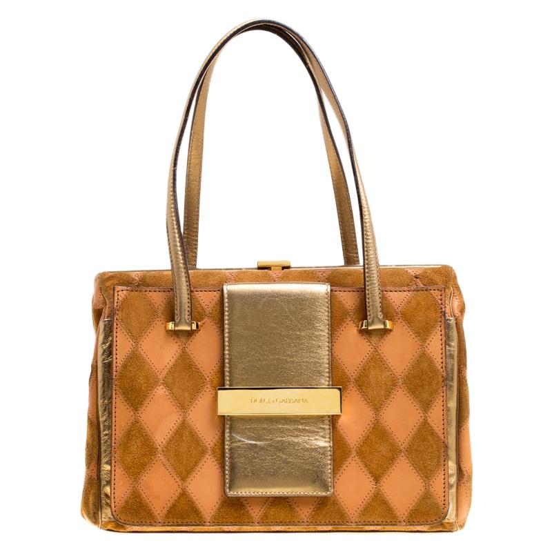 Dolce & Gabbana Peach/Gold Quilted Stitch Leather and Suede Frame Bag For Sale