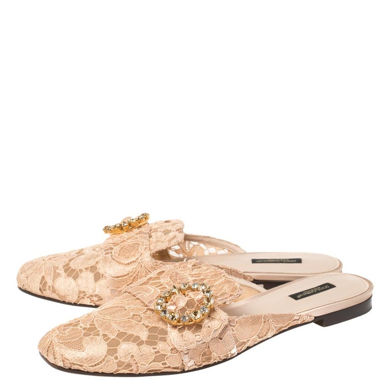 Dolce and Gabbana Peach Lace and Mesh Crystal Embellished Mules Size 41 at  1stDibs