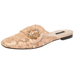 Dolce & Gabbana Peach Lace and Mesh Crystal Embellished Mules Size 41