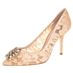 Dolce & Gabbana Peach Lace And Mesh Crystal Taormina Pumps Size 38.5