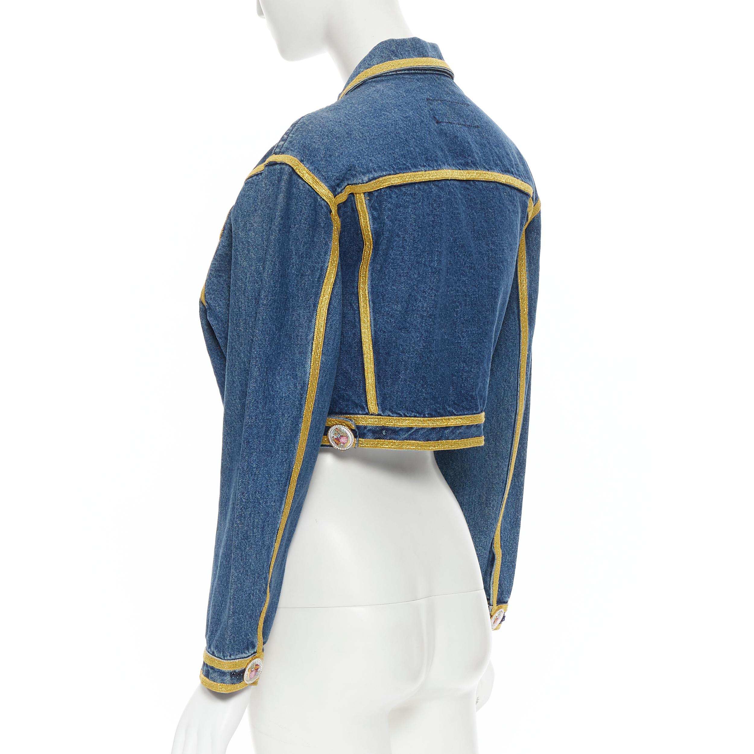 DOLCE GABBANA Pearl Miniature painted enamel cropped denim jacket set XS In Good Condition In Hong Kong, NT