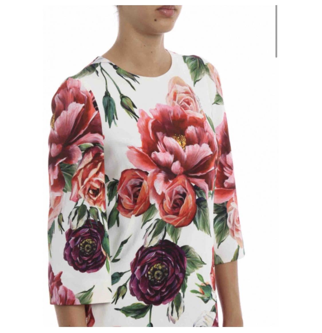 Beige Dolce & Gabbana Peony print stretch
cady A-line crewneck dress For Sale