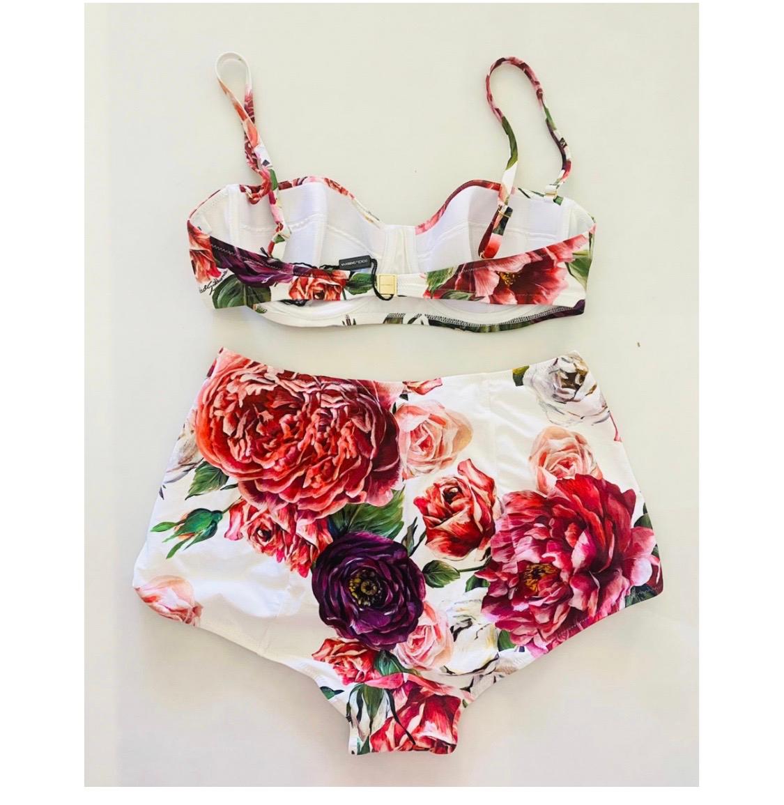 Gray Dolce & Gabbana peony rose print multicolour swimwear bikini bra and bottom For Sale
