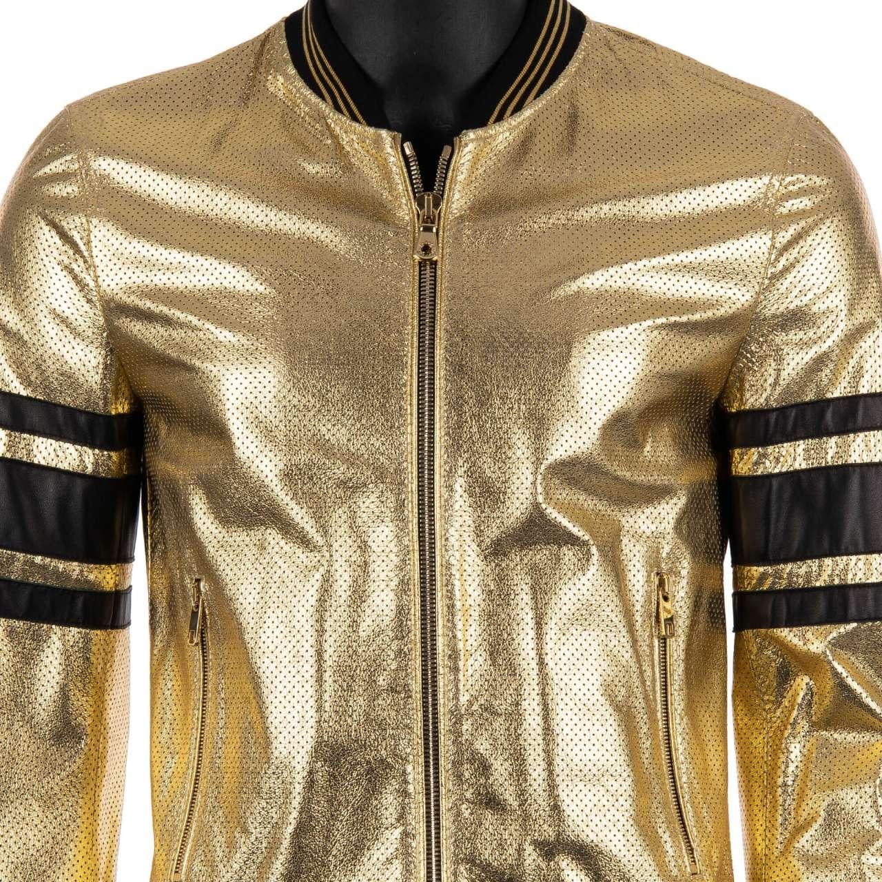 Men's Dolce & Gabbana Perforated Leather Jacket Gold Black 44 For Sale