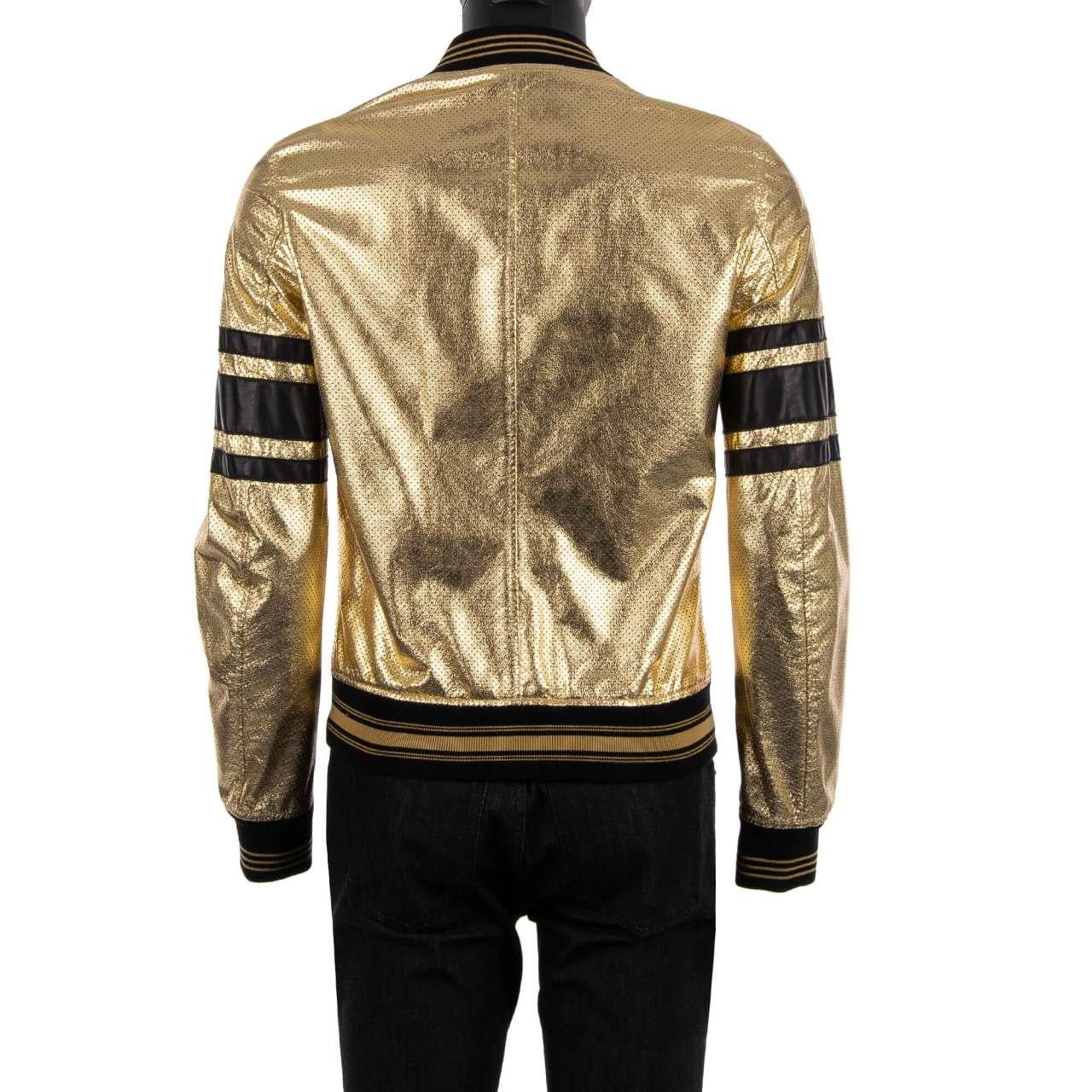 Dolce & Gabbana Perforated Leather Jacket Gold Black 44 For Sale 1