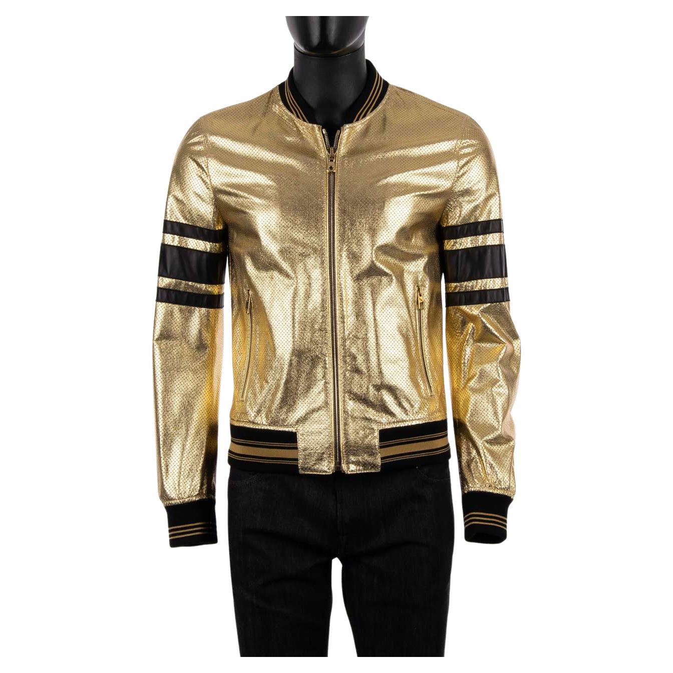 Dolce & Gabbana Perforated Leather Jacket Gold Black 46 For Sale