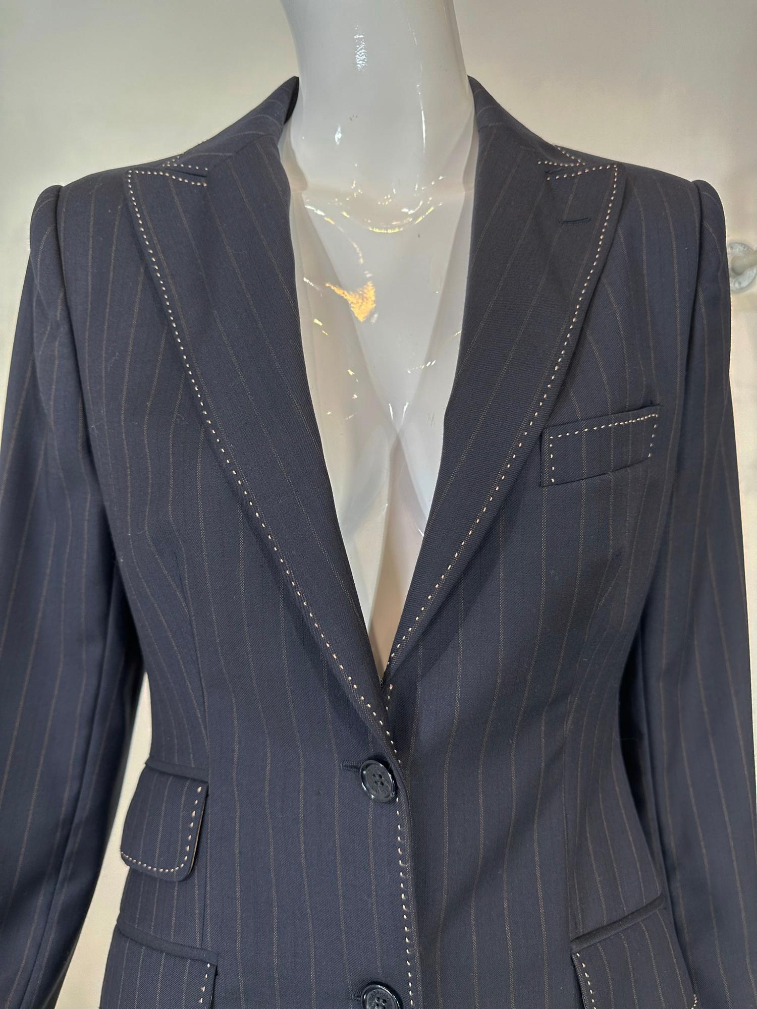 Dolce & Gabbana Pin Stripe Wool Single Breasted Jacket & Full Leg Pant Suit 44 In Good Condition In West Palm Beach, FL