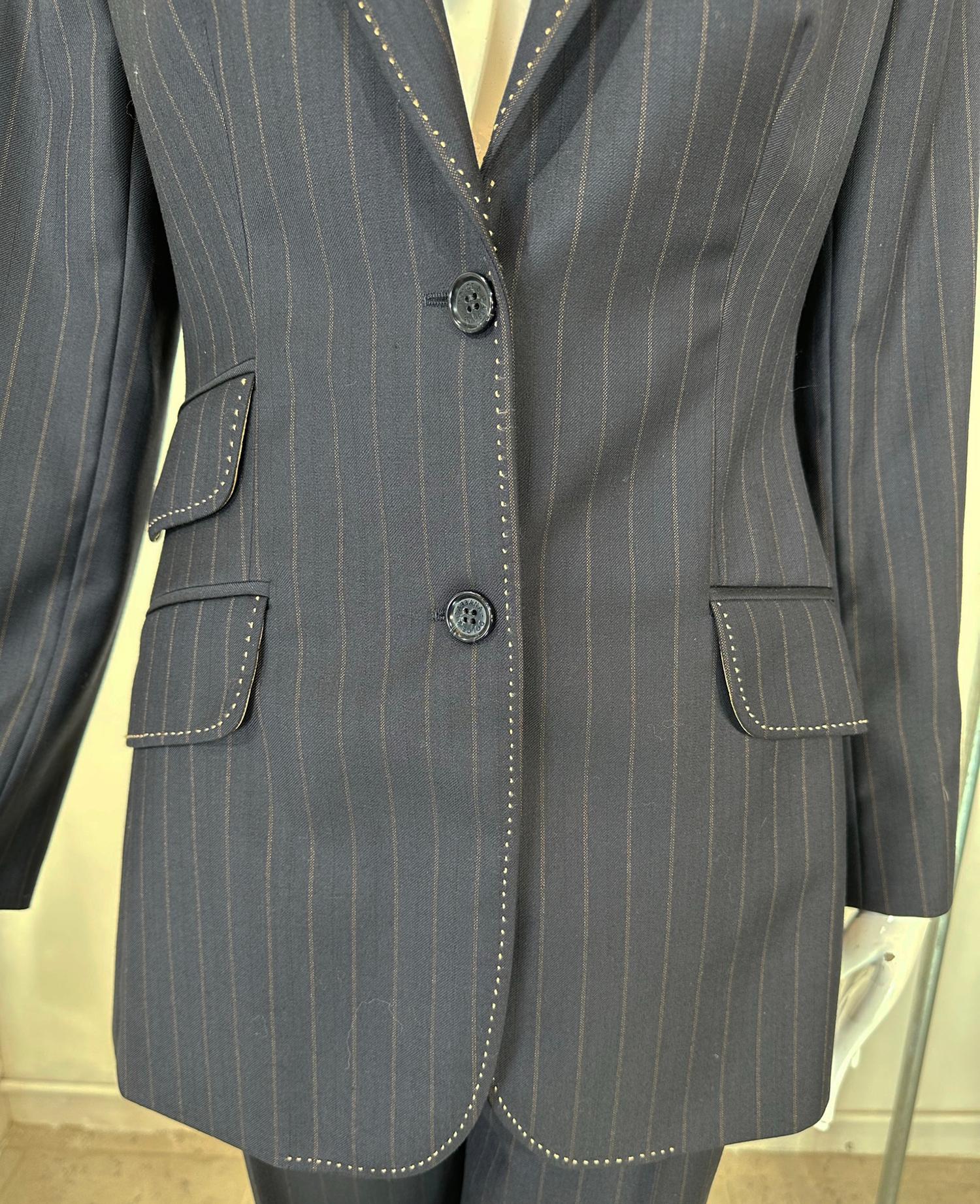 Women's Dolce & Gabbana Pin Stripe Wool Single Breasted Jacket & Full Leg Pant Suit 44