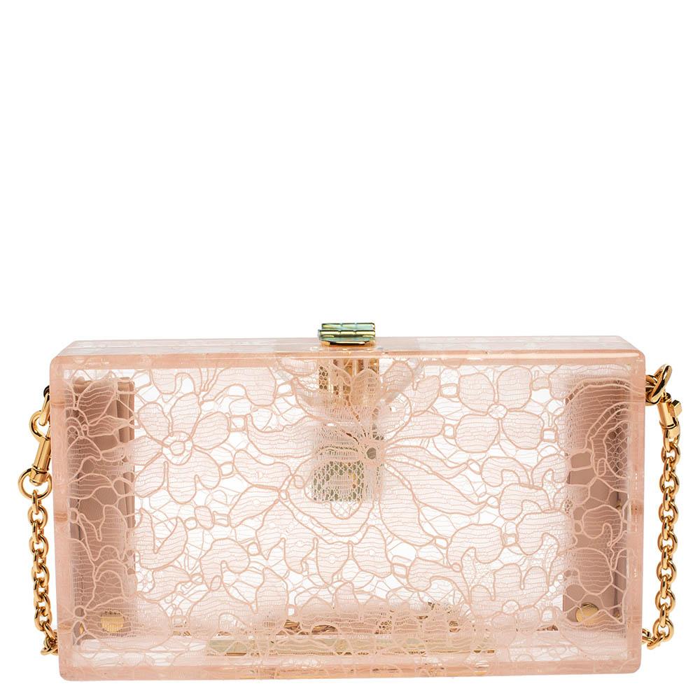 Dolce & Gabbana Pink Acrylic Lace Dolce Box Bag In Good Condition In Dubai, Al Qouz 2