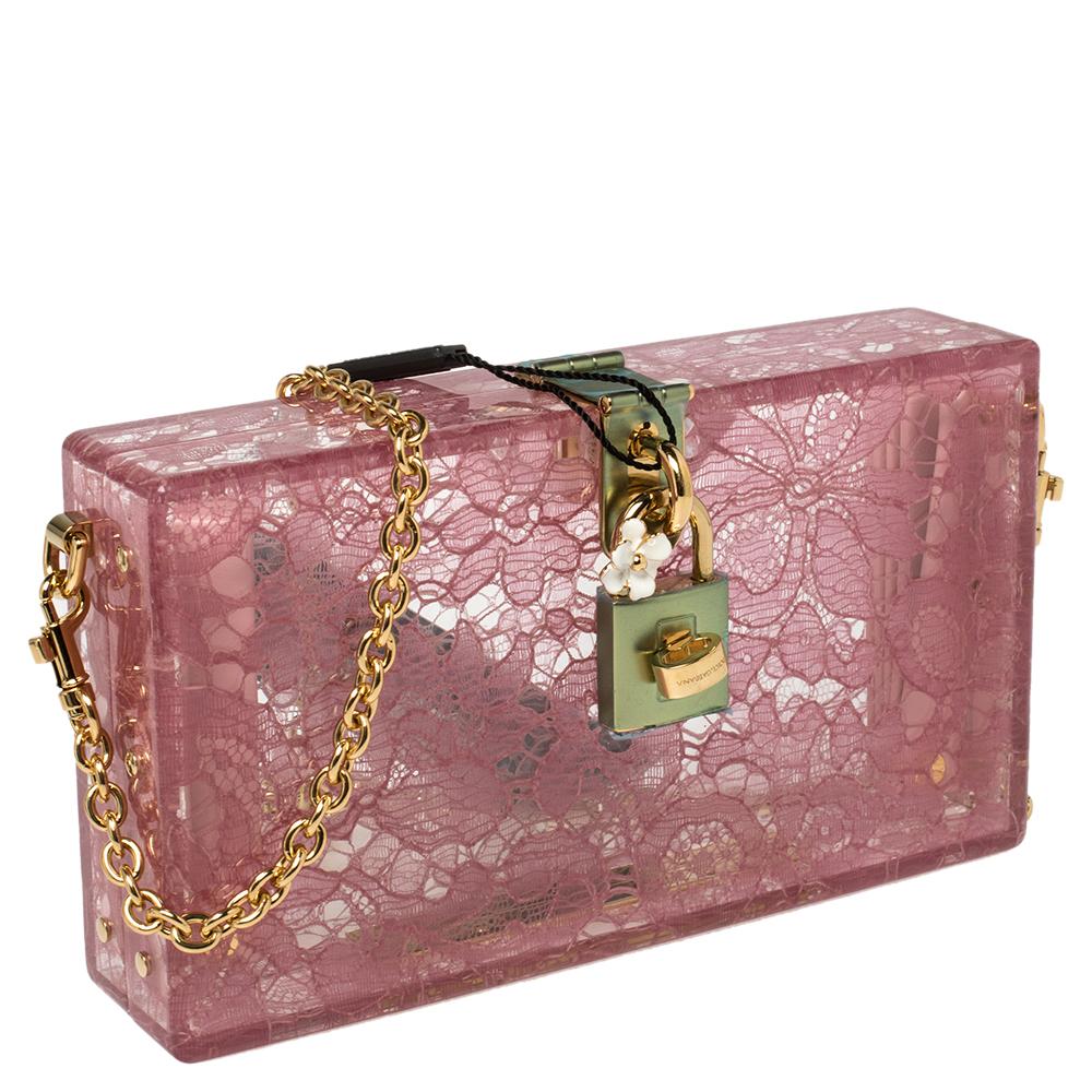 Dolce & Gabbana Pink Acrylic Lace Dolce Box Bag In New Condition In Dubai, Al Qouz 2