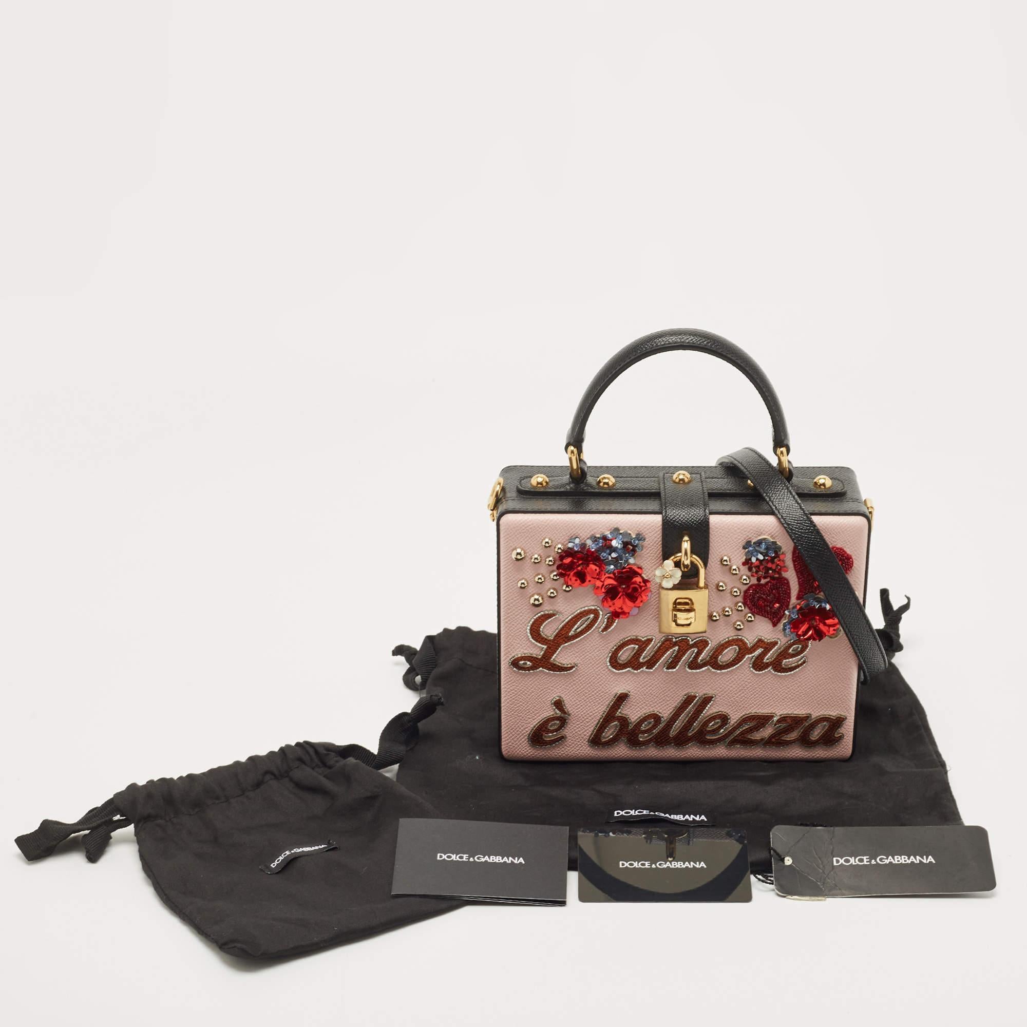Dolce & Gabbana Pink/Black Embellished Leather Box L' Amore Top Handle Bag For Sale 5