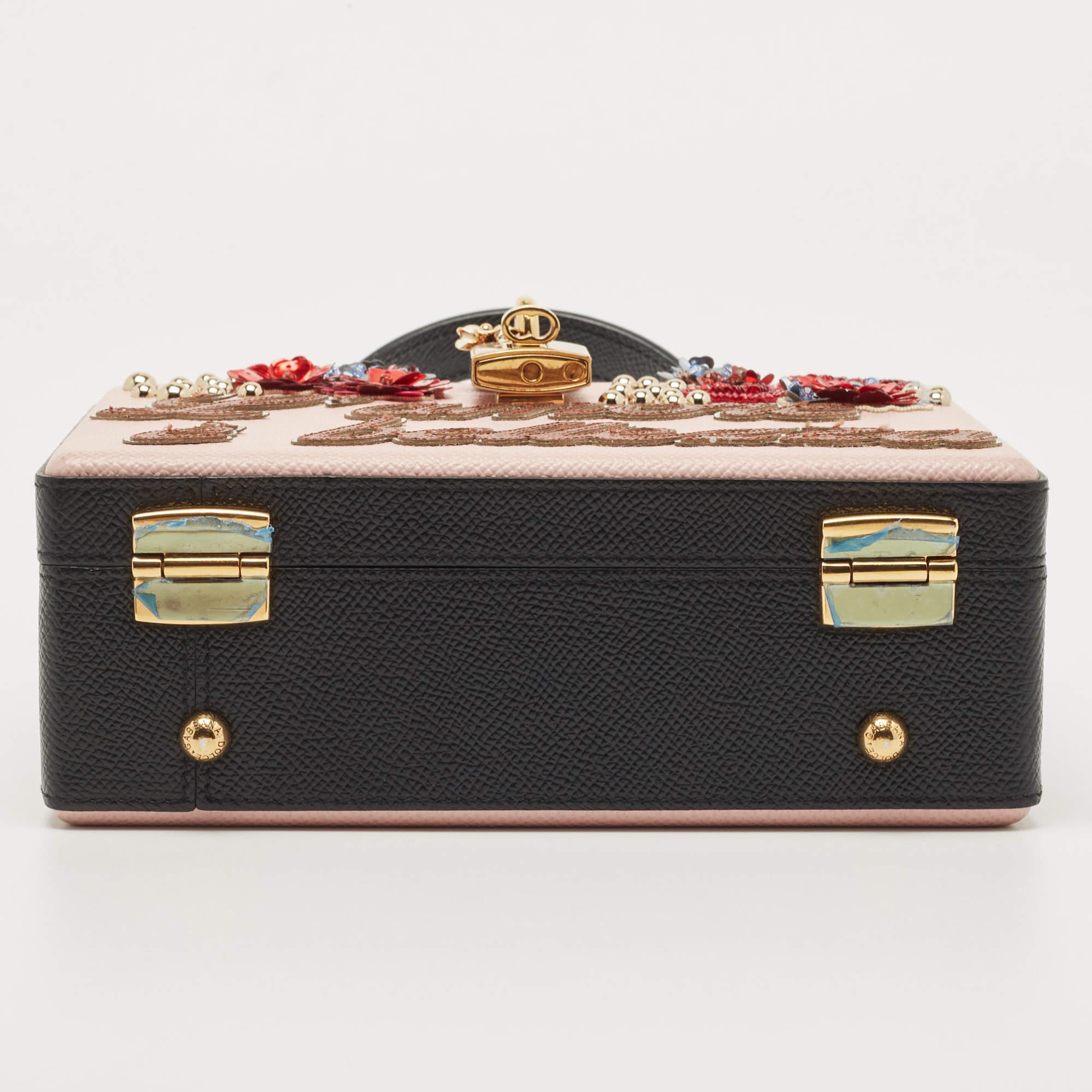 Dolce & Gabbana Pink/Black Embellished Leather Box L' Amore Top Handle Bag For Sale 6