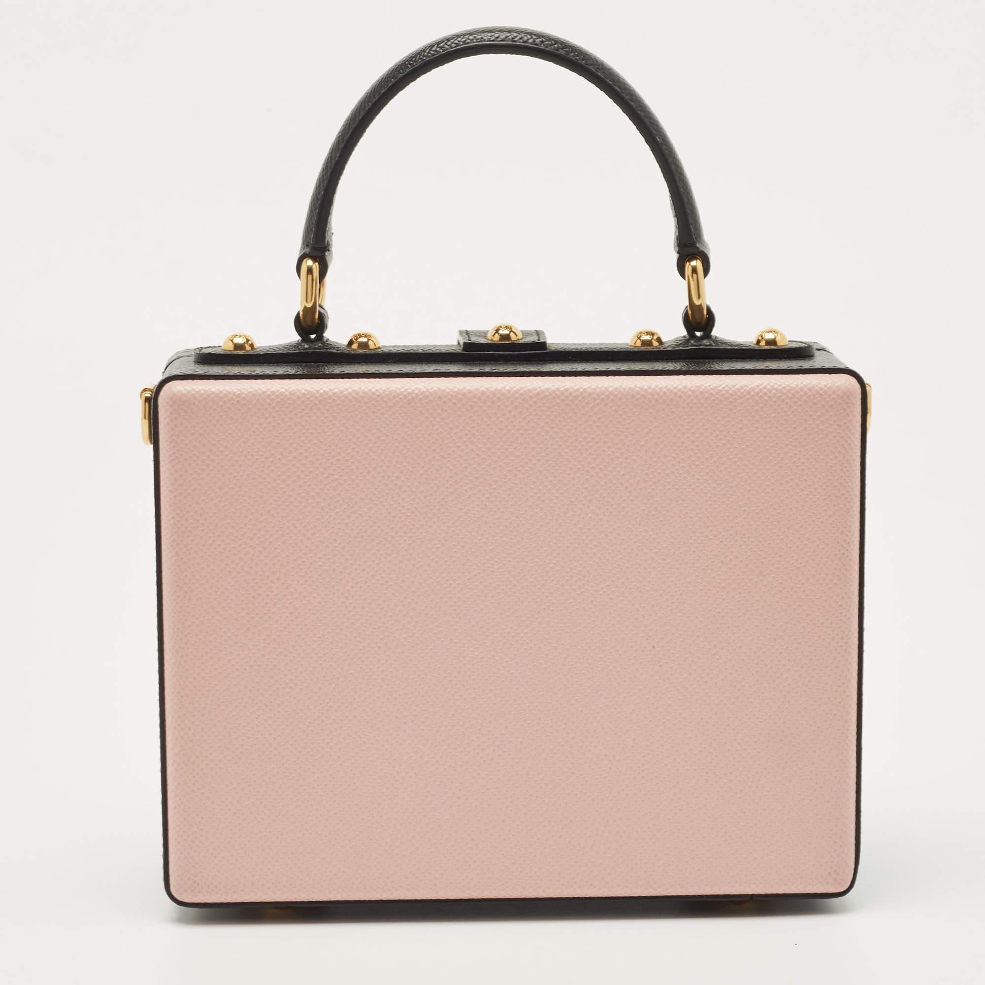Beige Dolce & Gabbana Pink/Black Embellished Leather Box L' Amore Top Handle Bag For Sale