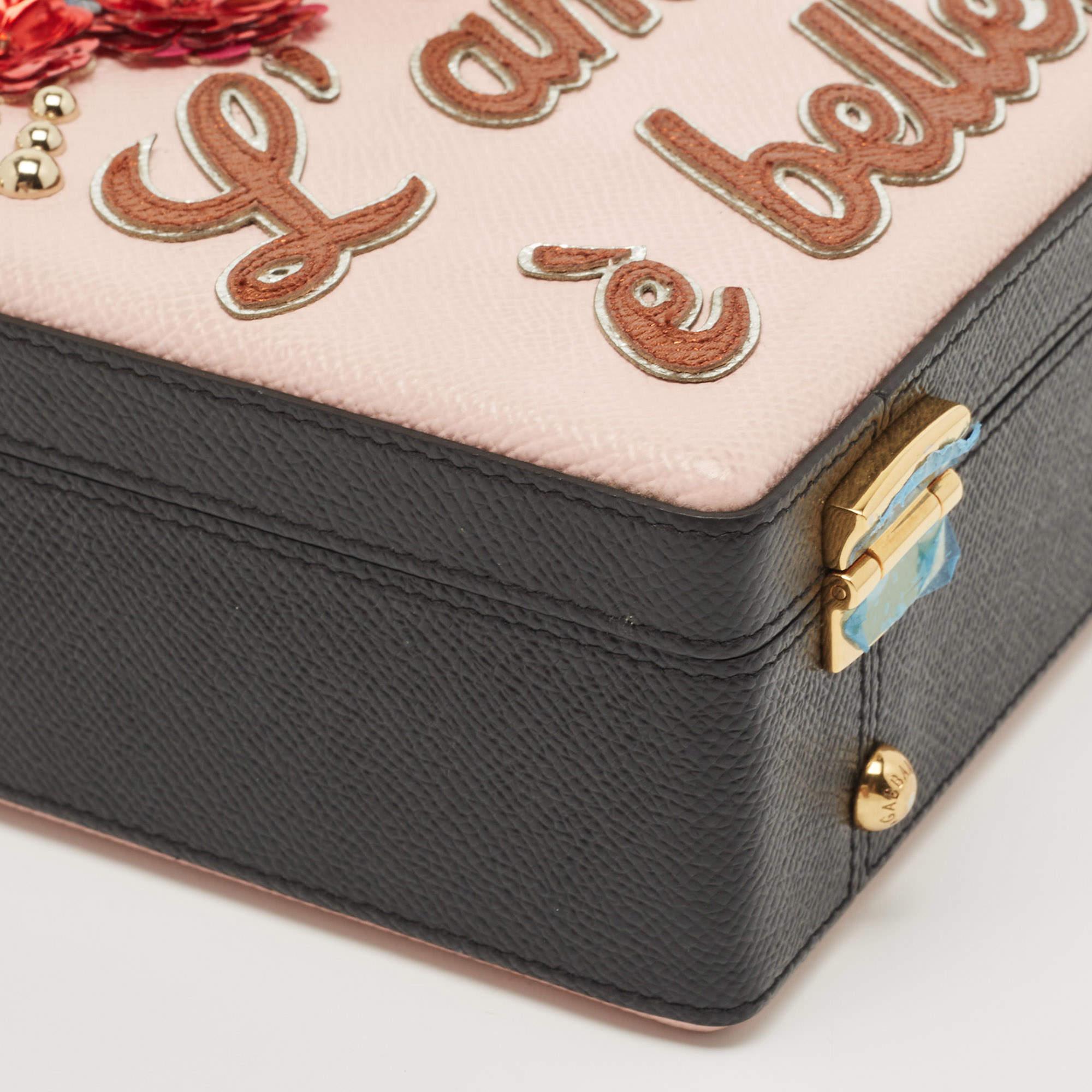 Dolce & Gabbana Pink/Black Embellished Leather Box L' Amore Top Handle Bag In New Condition For Sale In Dubai, Al Qouz 2