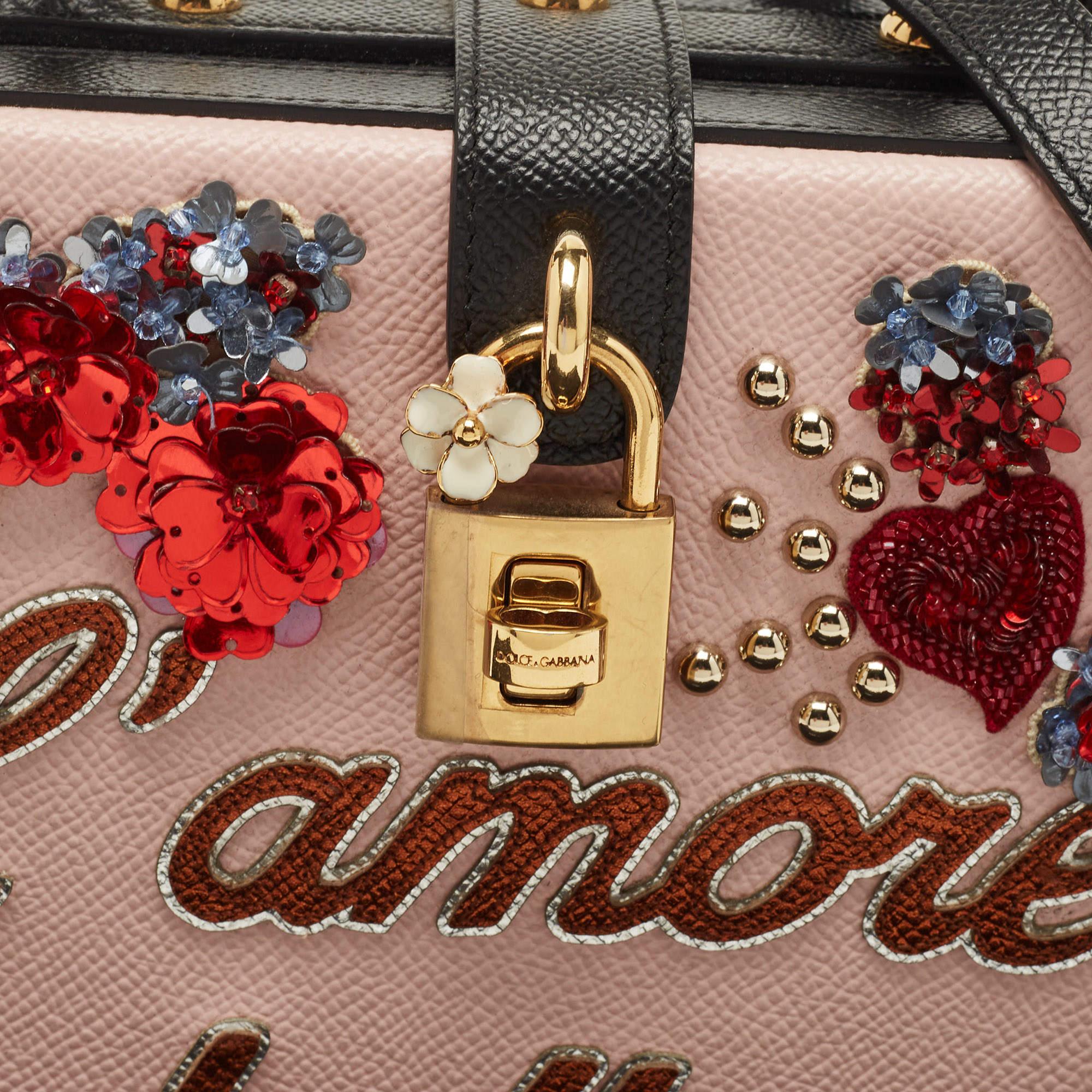 Dolce & Gabbana Pink/Black Embellished Leather Box L' Amore Top Handle Bag For Sale 1