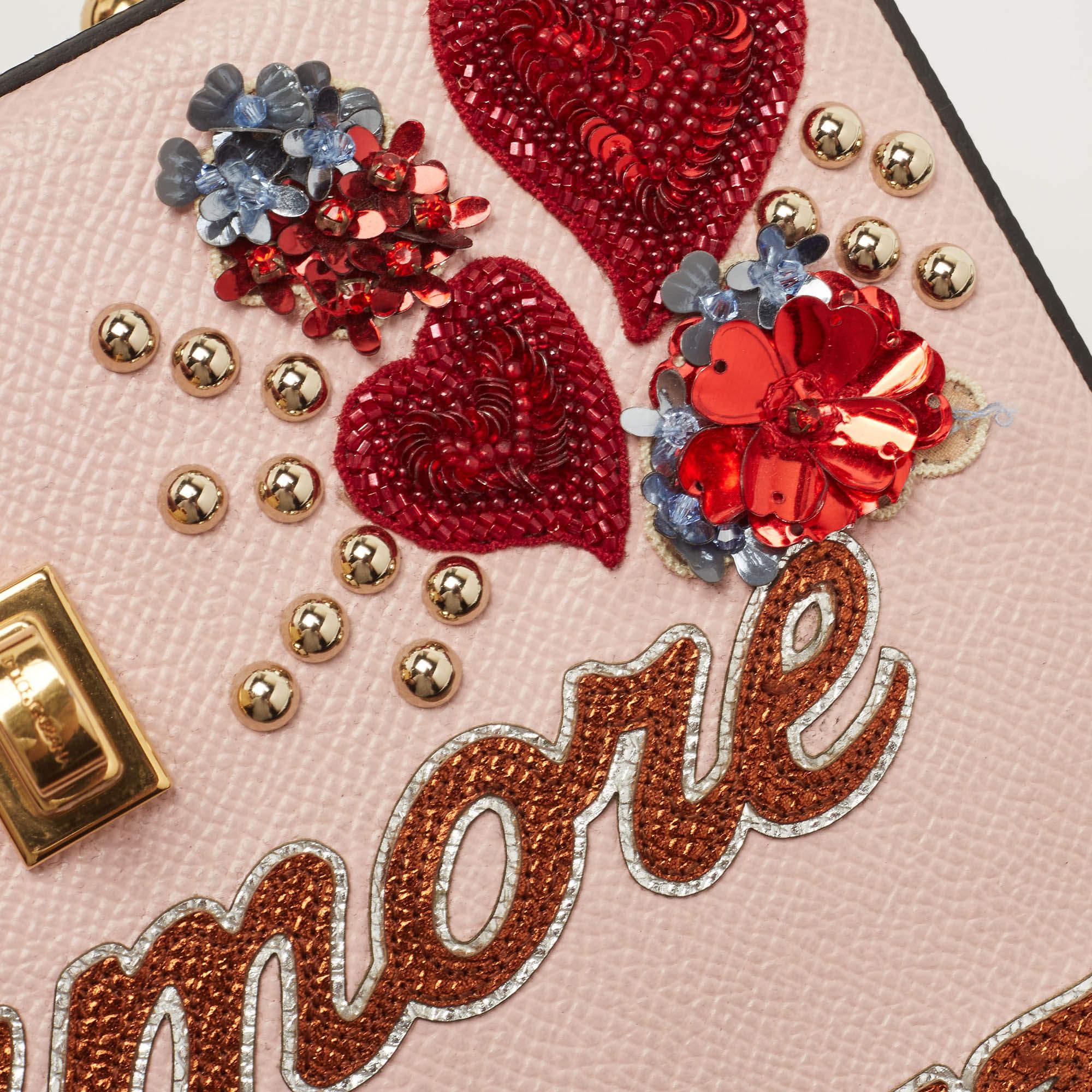 Dolce & Gabbana Pink/Black Embellished Leather Box L' Amore Top Handle Bag For Sale 4