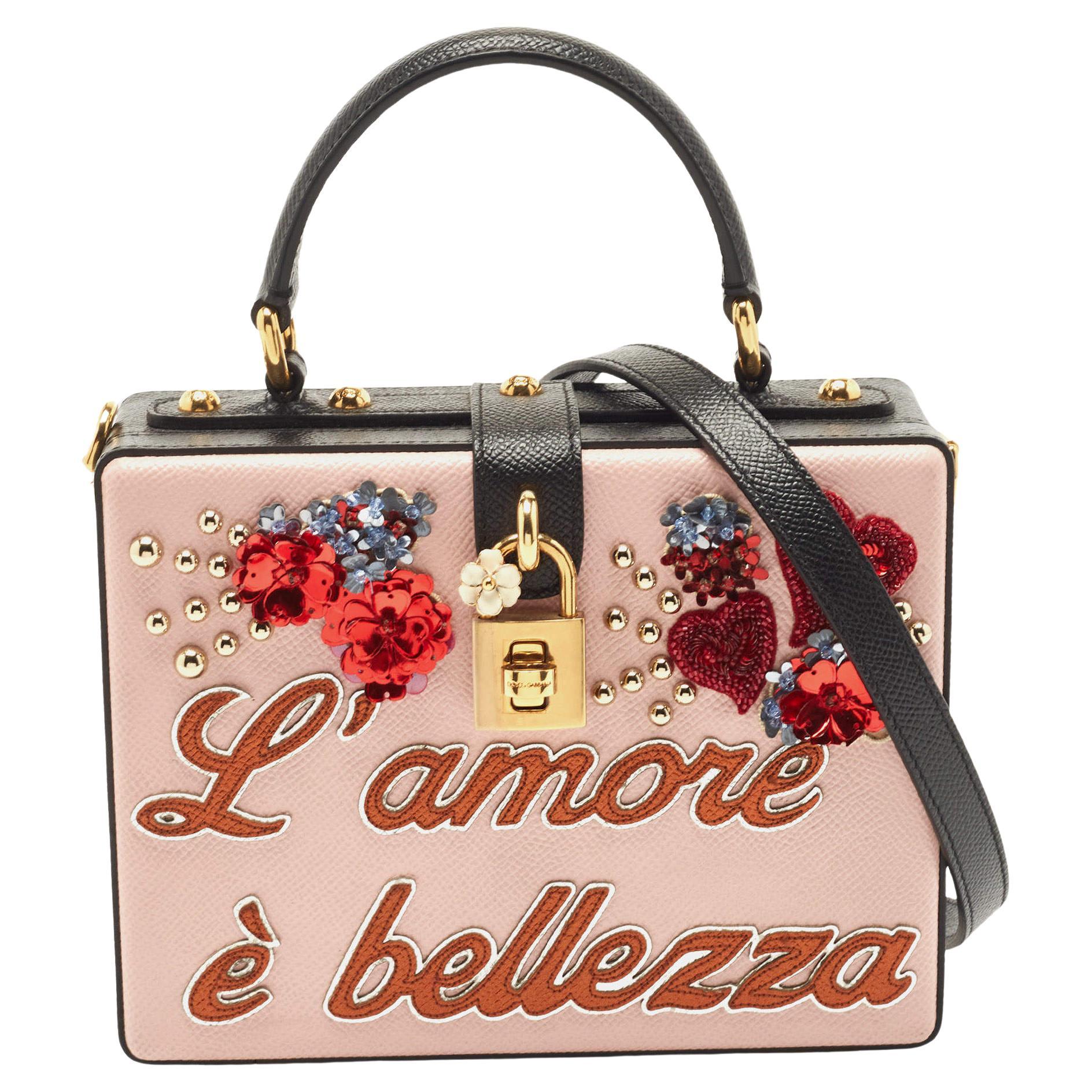 Dolce & Gabbana Pink/Black Embellished Leather Box L' Amore Top Handle Bag For Sale
