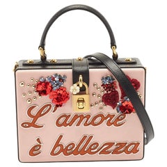Dolce & Gabbana Rosa/Schwarz verschönerte Leder Box L' Amore Top Handle Bag aus Leder