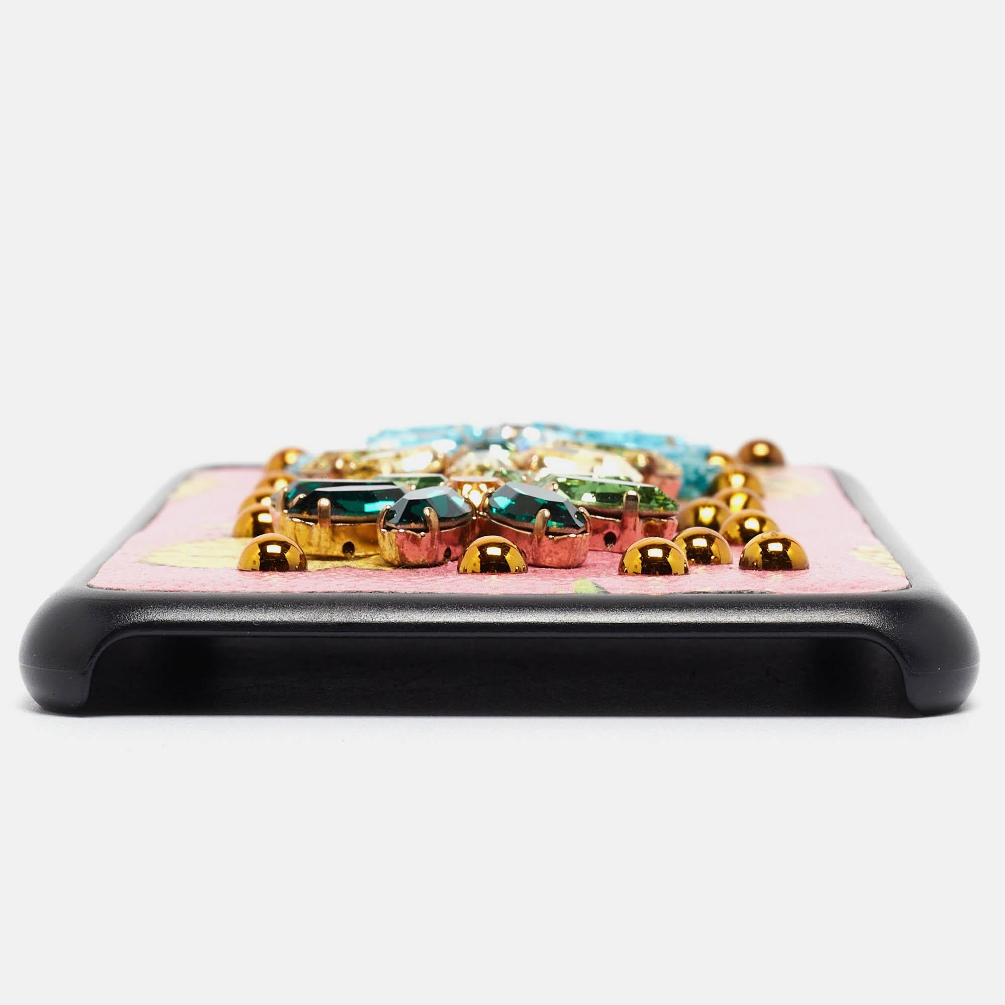 Dolce & Gabbana Pink/Black Leather Pineapple Crystals iPhone 6/6s Plus Cover In Excellent Condition For Sale In Dubai, Al Qouz 2