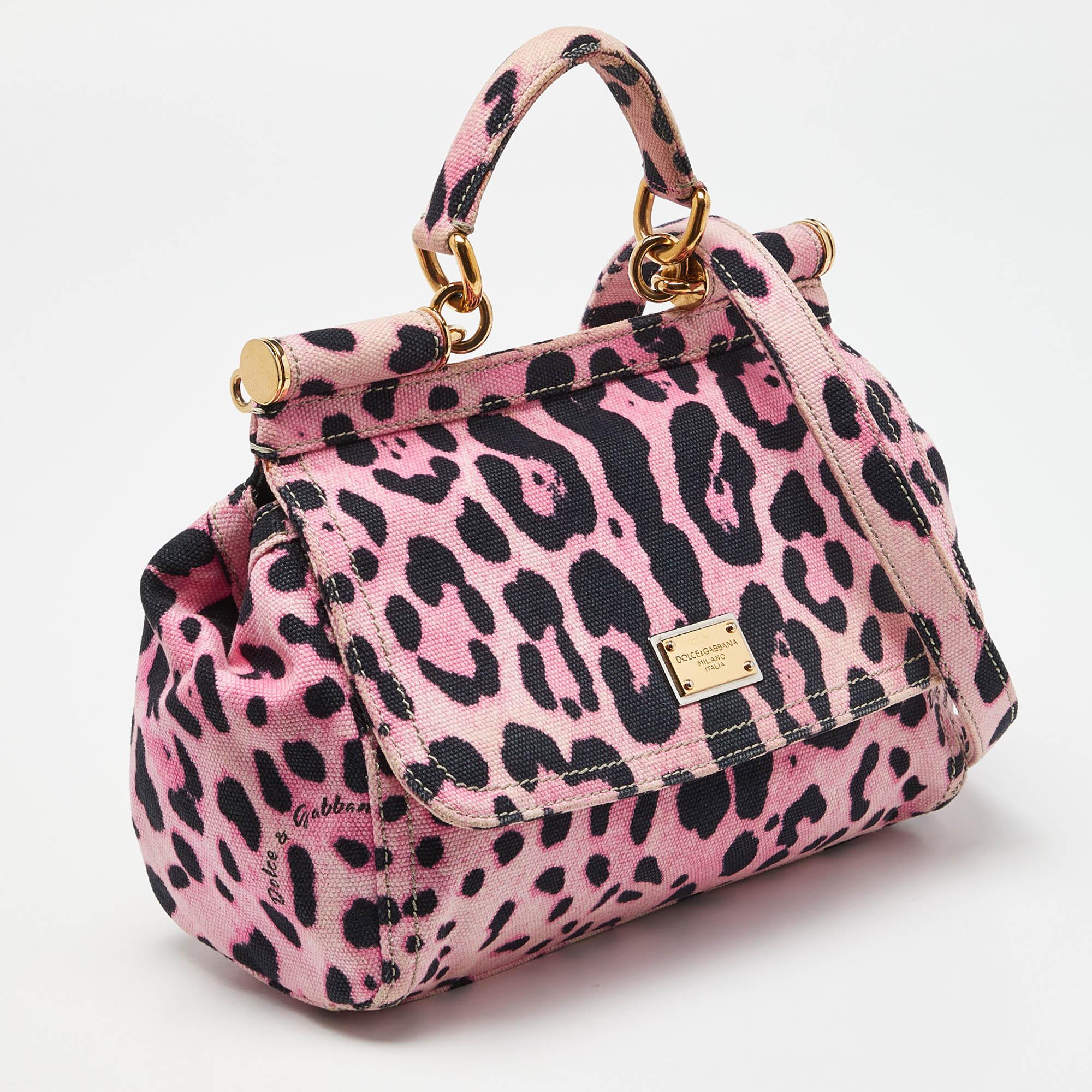 Dolce & Gabbana Pink/Black Leopard Print Canvas Medium Miss Sicily Top Handle For Sale 3
