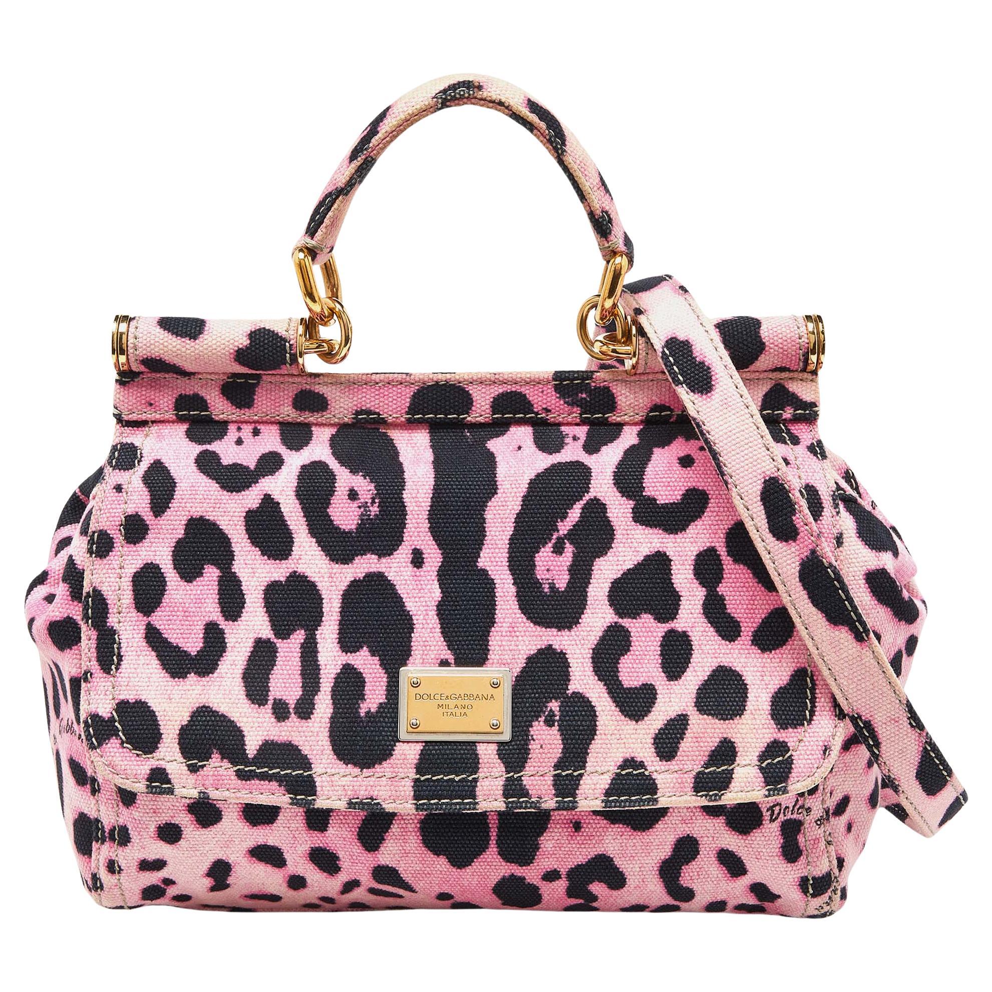 Dolce & Gabbana Pink/Black Leopard Print Canvas Medium Miss Sicily Top Handle For Sale