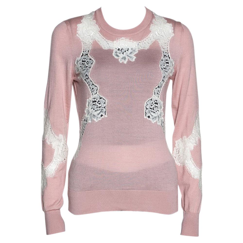 Dolce & Gabbana Pink Chantilly Lace Crew Neck Sweater IT 44