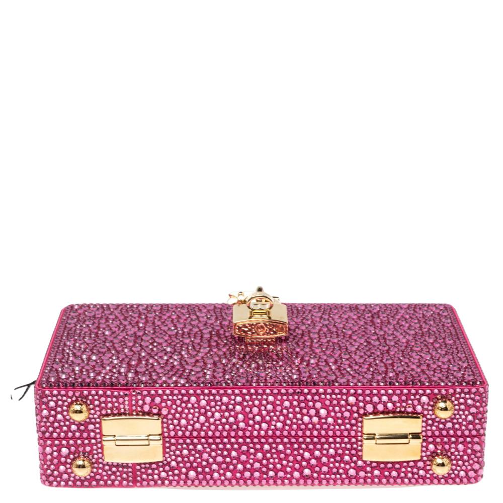 Dolce & Gabbana Pink Crystal Embellished Satin Bolce Box Bag In New Condition In Dubai, Al Qouz 2