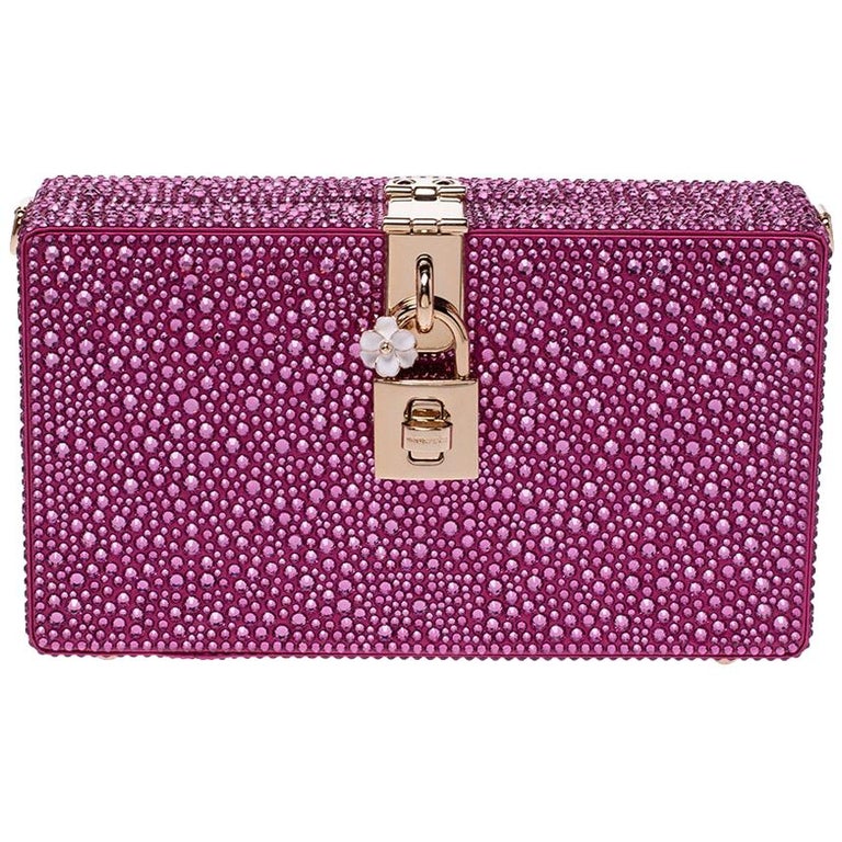 Dolce and Gabbana Pink Crystal Embellished Satin Box Bag For Sale at ...