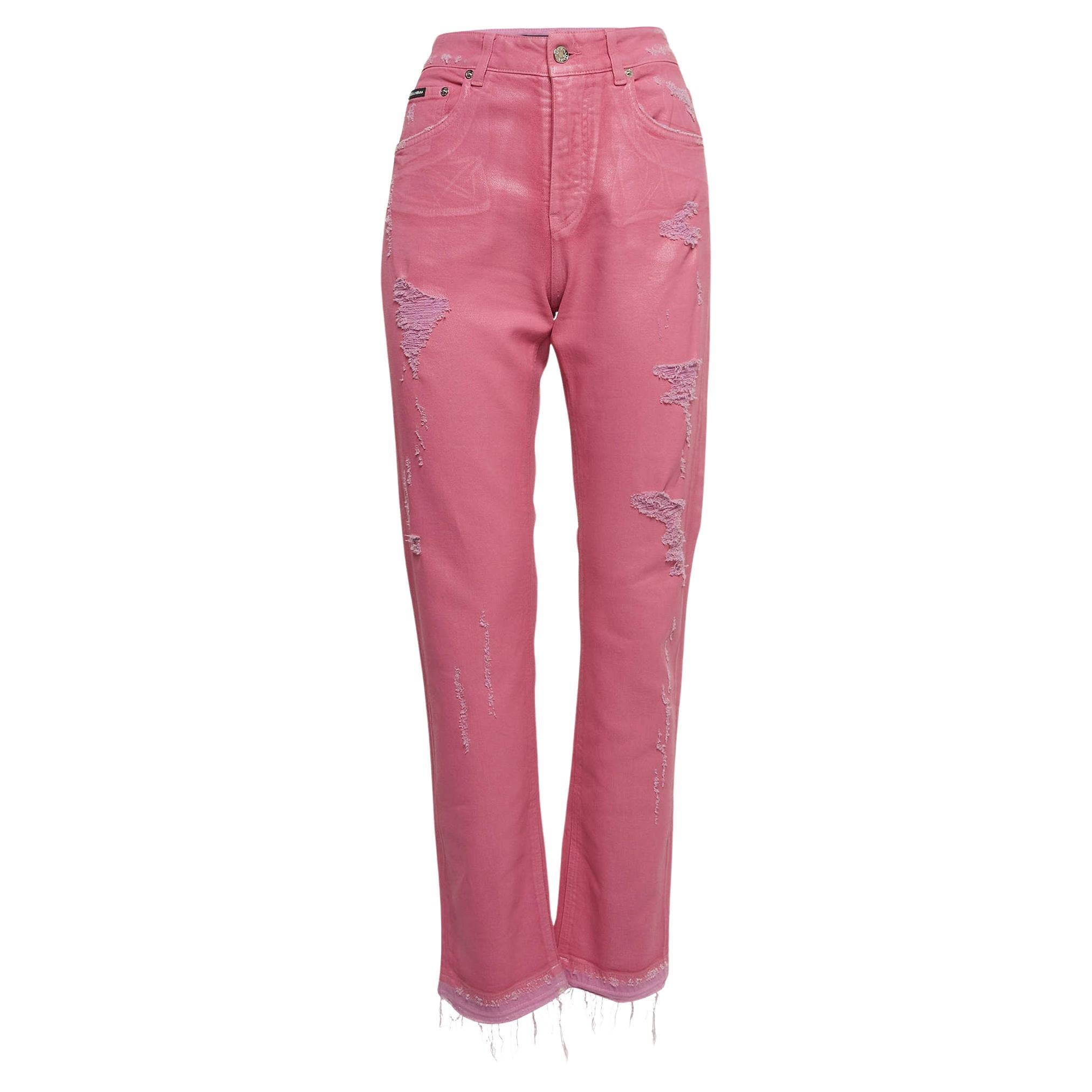 Dolce & Gabbana Pink Distressed Denim Straight Fit Jeans S Waist 27'' For Sale