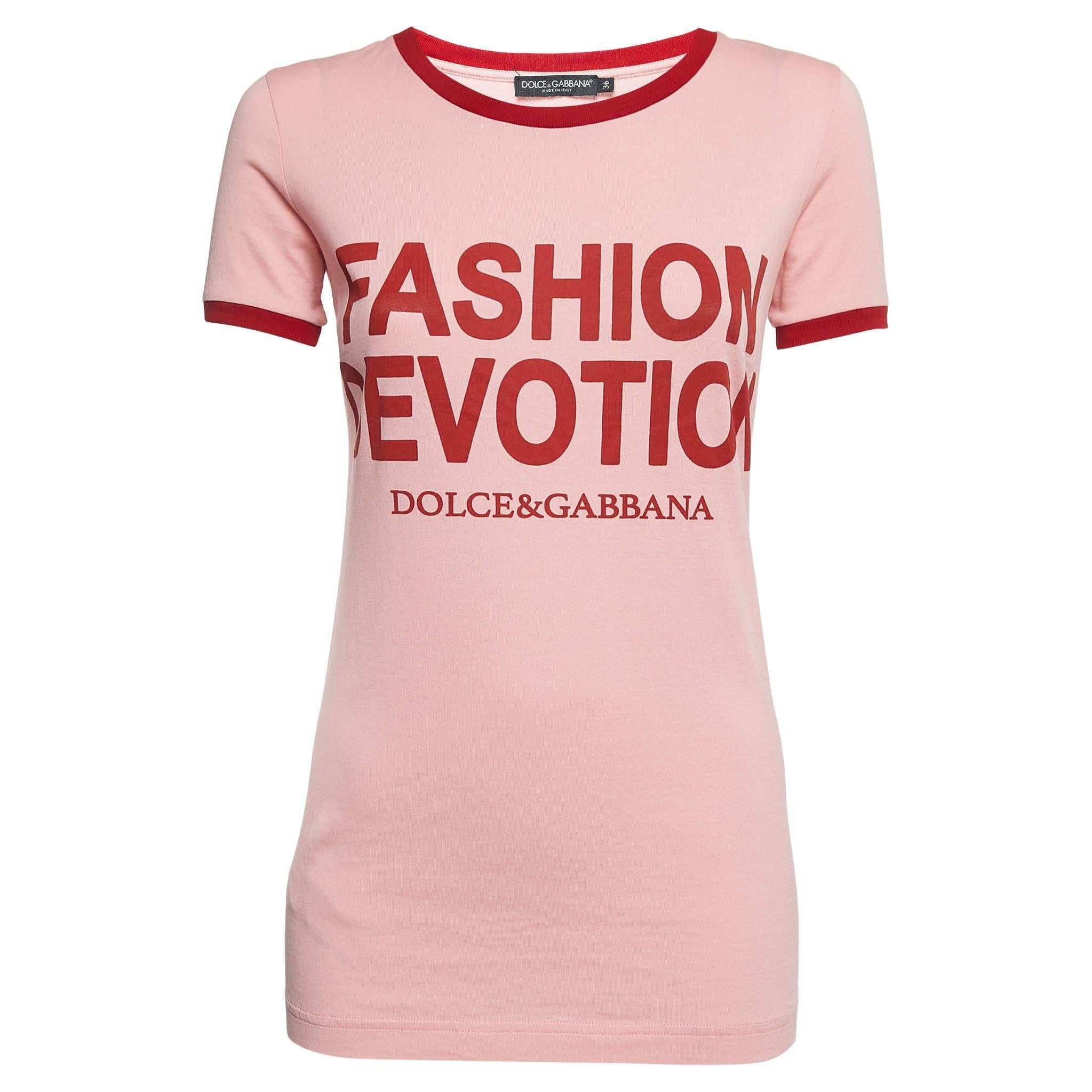 Dolce & Gabbana Pink Fashion Devotion Print Cotton T-Shirt XS For Sale