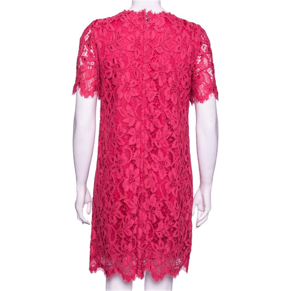Dolce & Gabbana Pink Floral Lace Crew Neck Short Sleeve Dress M In Good Condition In Dubai, Al Qouz 2