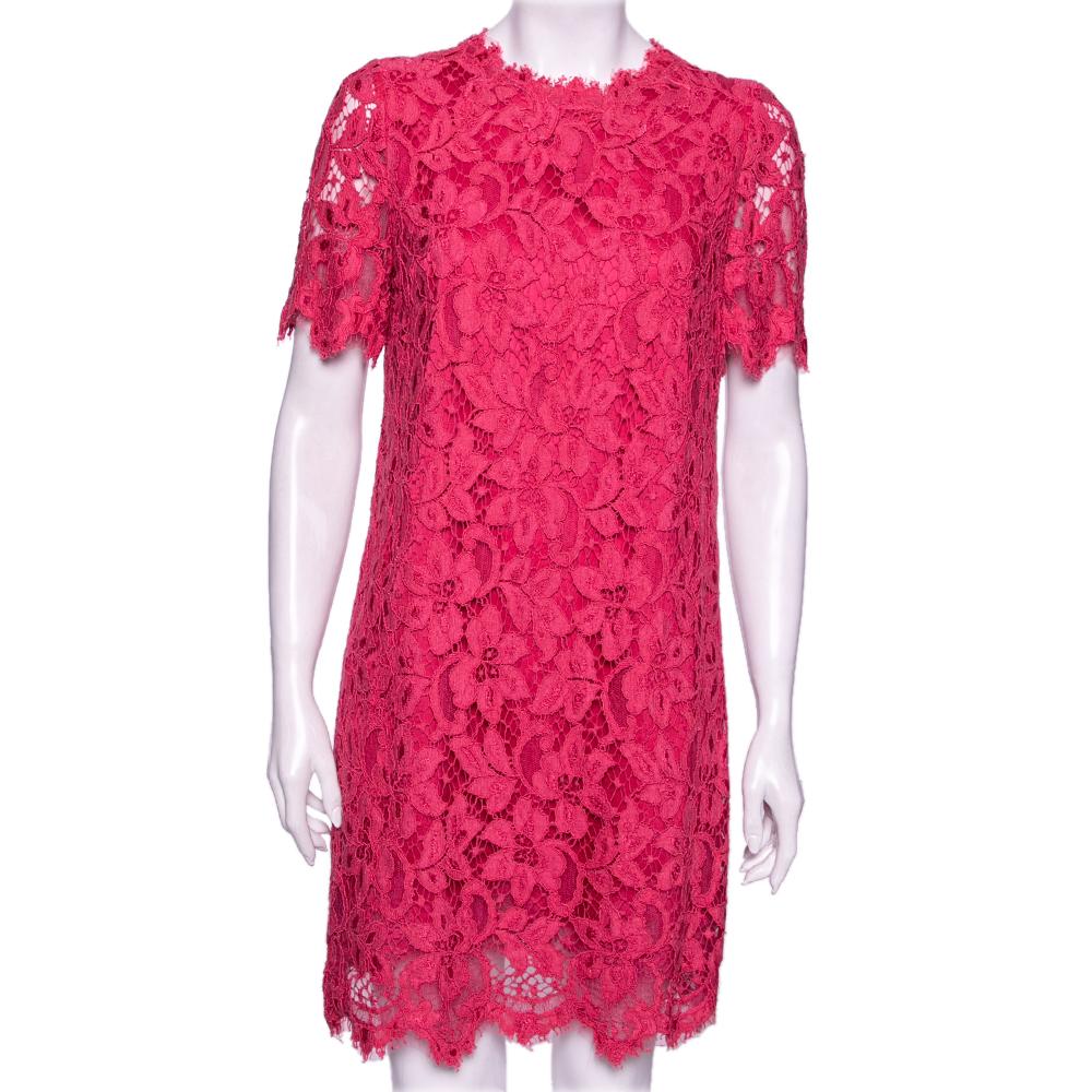 Women's Dolce & Gabbana Pink Floral Lace Crew Neck Short Sleeve Dress M