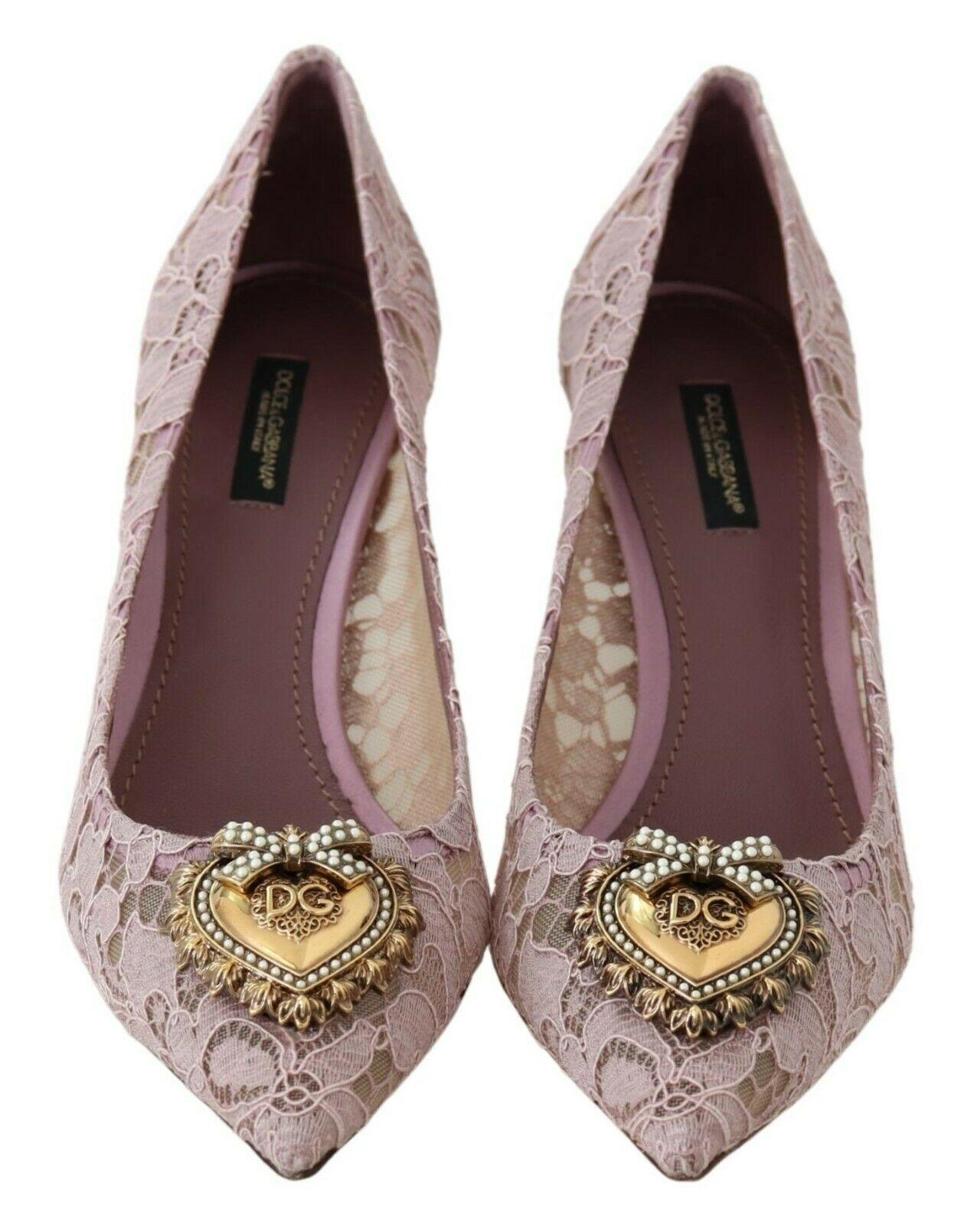 Brown Dolce & Gabbana Pink Floral Lace Devotion Pumps Shoes Heels Golden Heart Pearls