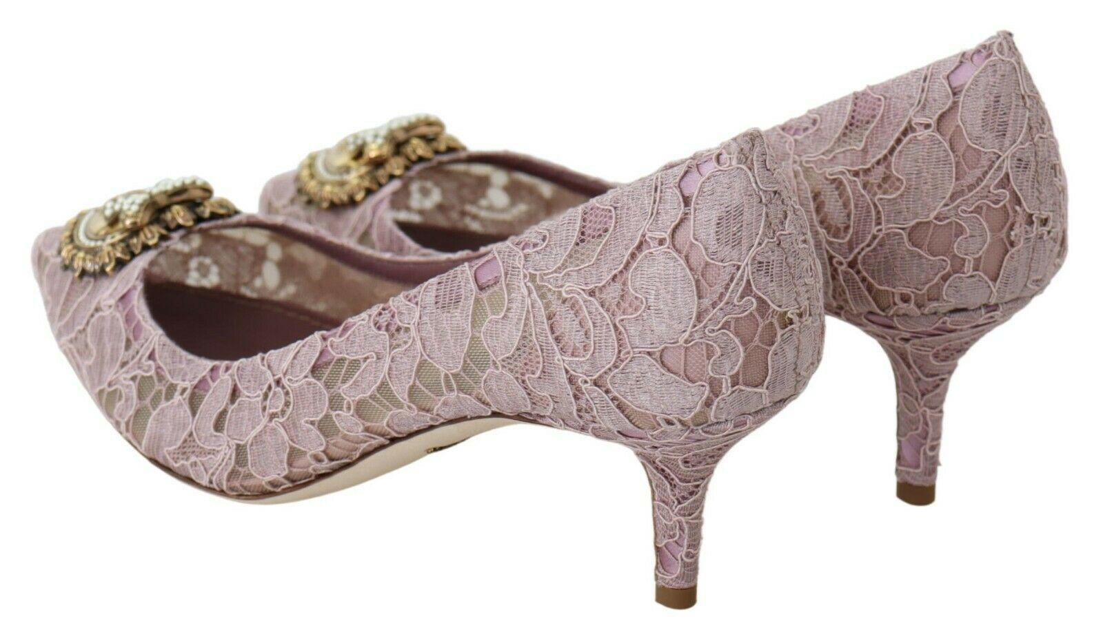 Dolce & Gabbana Pink Floral Lace Devotion Pumps Shoes Heels Golden Heart Pearls In New Condition In WELWYN, GB