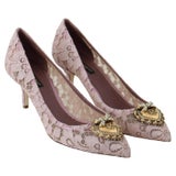Dolce and Gabbana Pink Floral Lace Devotion Pumps Shoes Heels Golden Heart  Pearls at 1stDibs