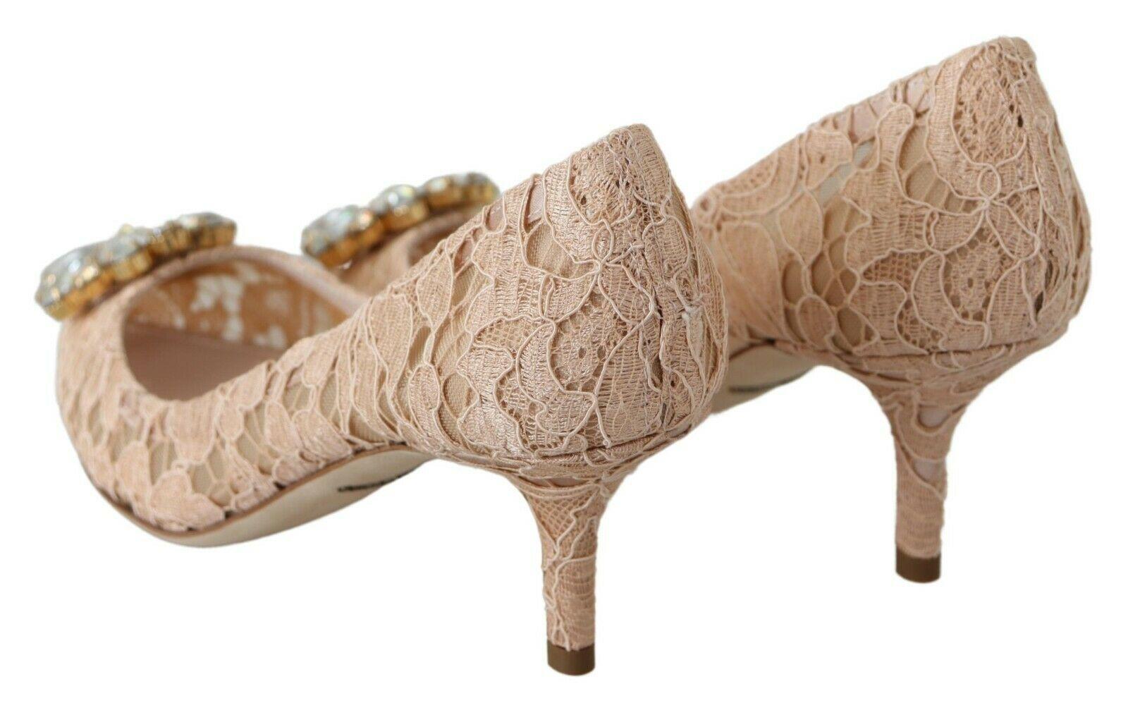 Women's Dolce & Gabbana Pink Floral Lace Pumps Shoes Low Heels With Jewels Crystals DG