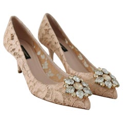 Dolce & Gabbana Pink Floral Lace Pumps Shoes Low Heels With Jewels Crystals DG