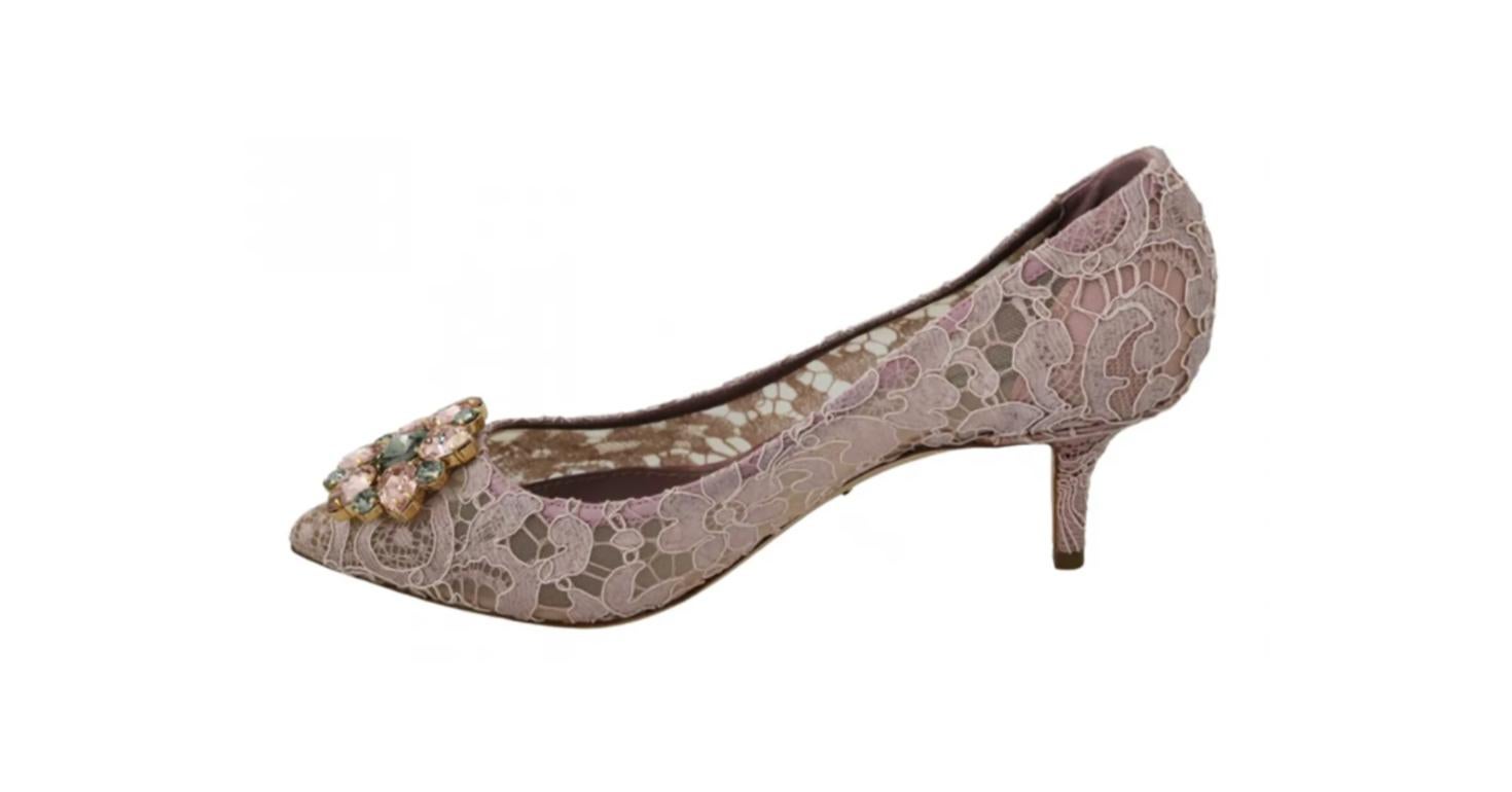 Brown Dolce & Gabbana Pink Floral Lace Viscose Heels Pumps Shoes Crystals Leather Sole