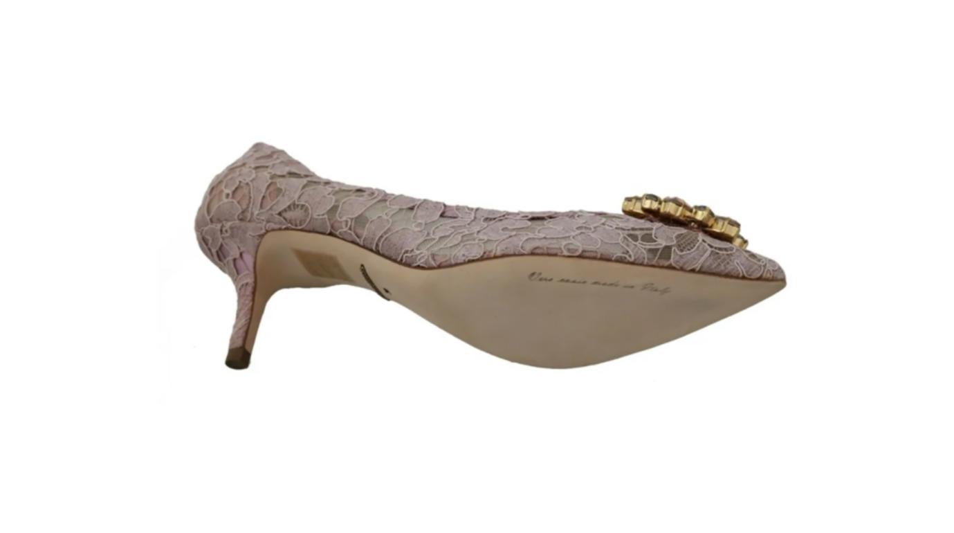 Dolce & Gabbana Pink Floral Lace Viscose Heels Pumps Shoes Crystals Leather Sole In New Condition In WELWYN, GB