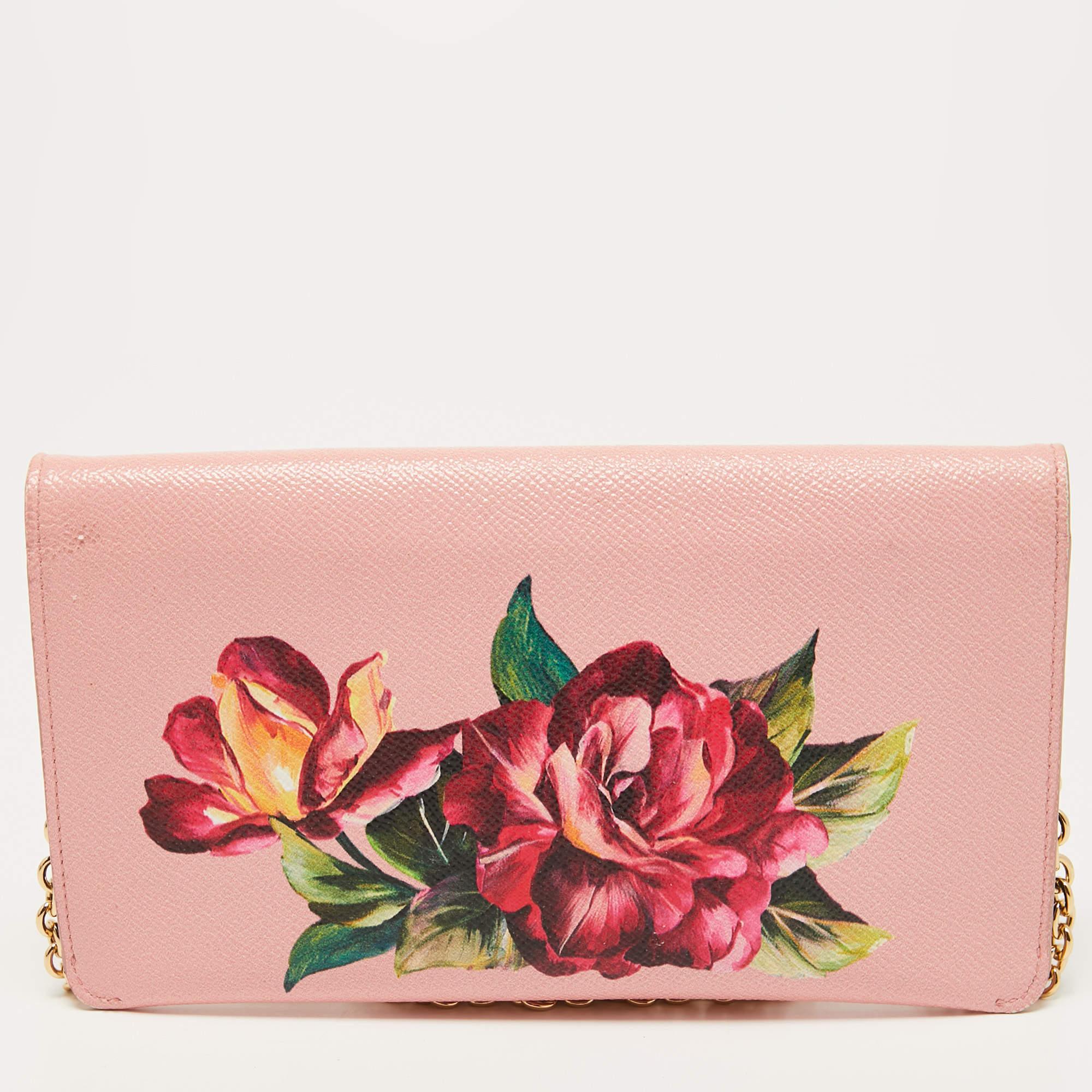 Dolce & Gabbana Pink Floral Print Leather DG Logo Chain Clutch 9