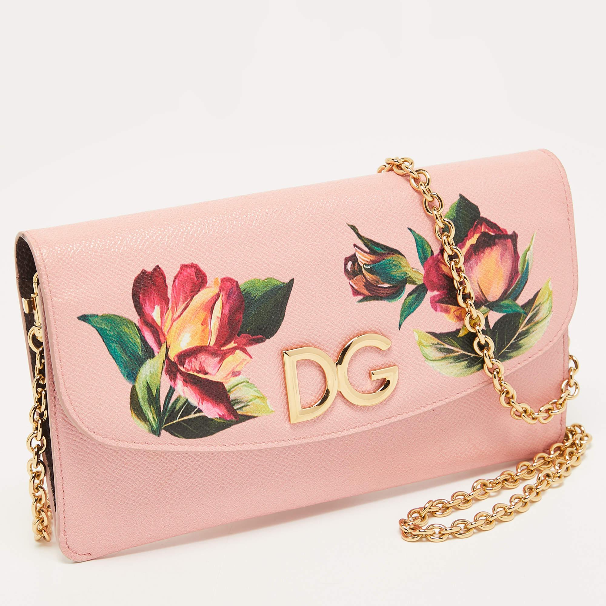 Women's Dolce & Gabbana Pink Floral Print Leather DG Logo Chain Clutch