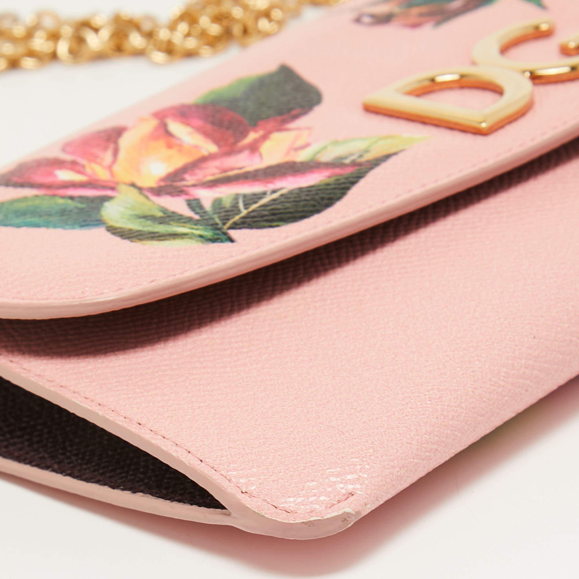 Dolce & Gabbana Pink Floral Print Leather DG Logo Chain Clutch 2