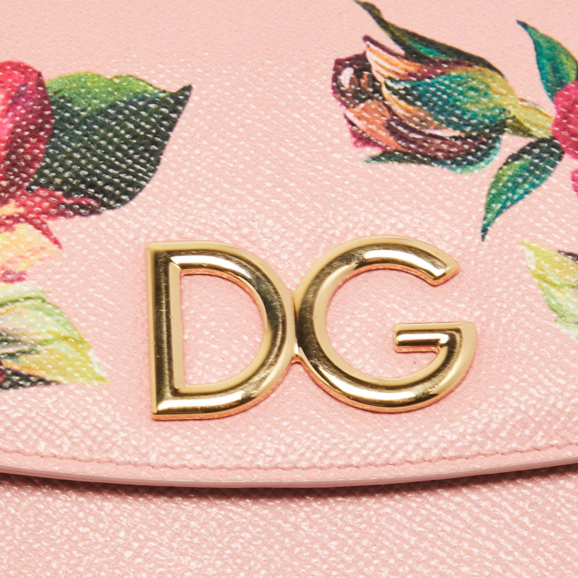 Dolce & Gabbana Pink Floral Print Leather DG Logo Chain Clutch 4