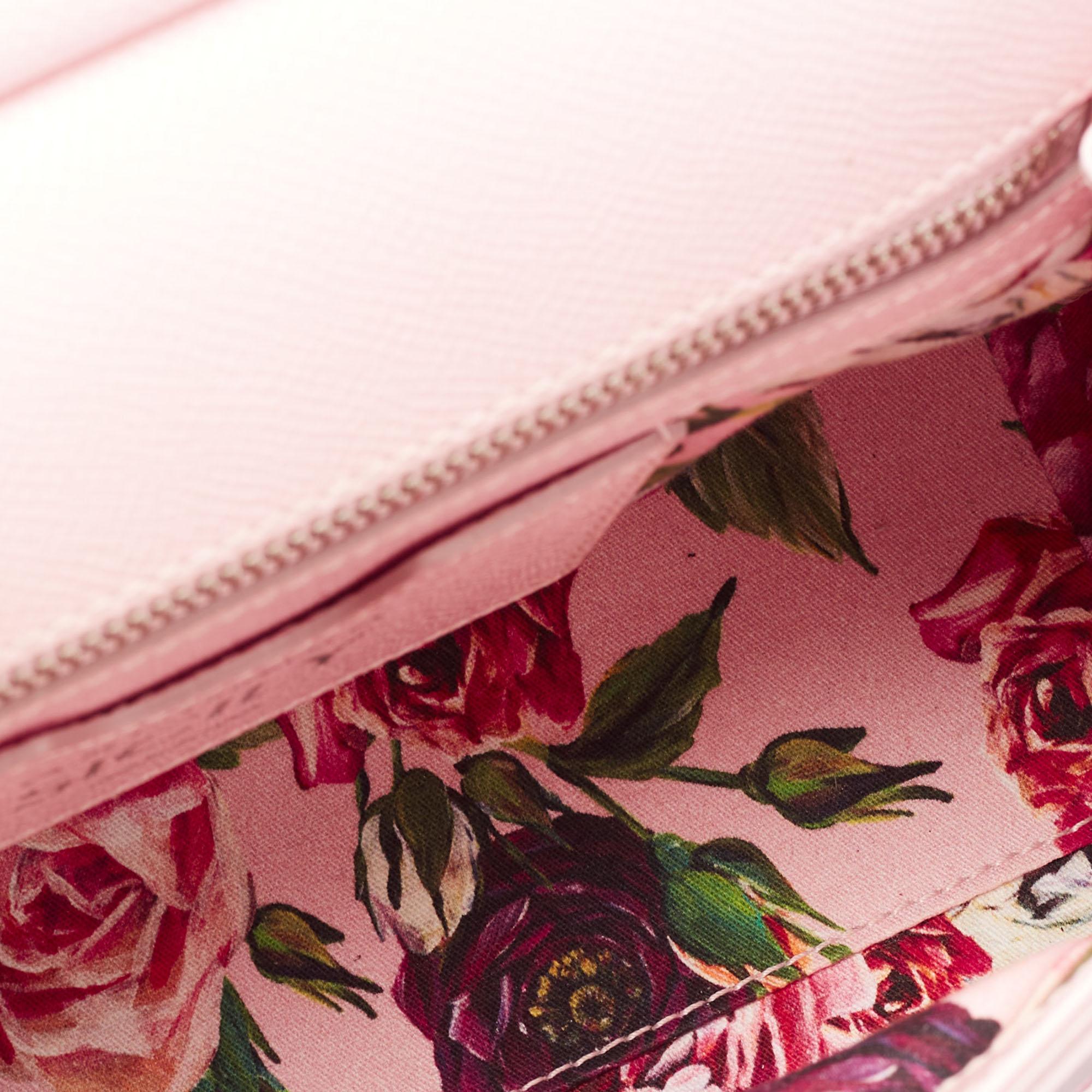Beige Dolce & Gabbana Pink Floral Print Leather Medium Miss Sicily Top Handle Bag