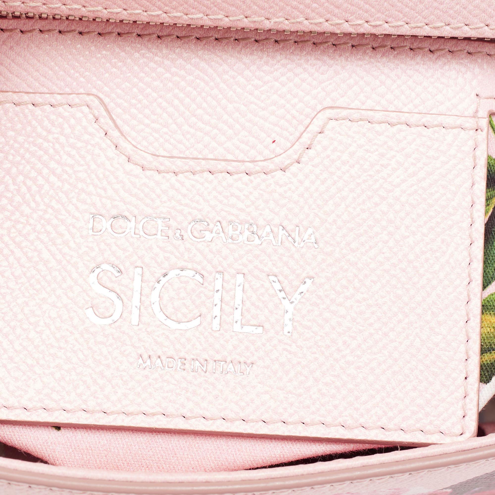 Dolce & Gabbana Pink Floral Print Leather Medium Miss Sicily Top Handle Bag In Good Condition In Dubai, Al Qouz 2