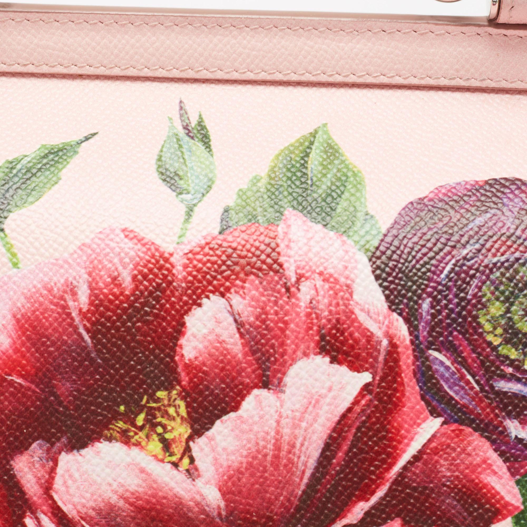 Dolce & Gabbana Pink Floral Print Leather Medium Miss Sicily Top Handle Bag 1