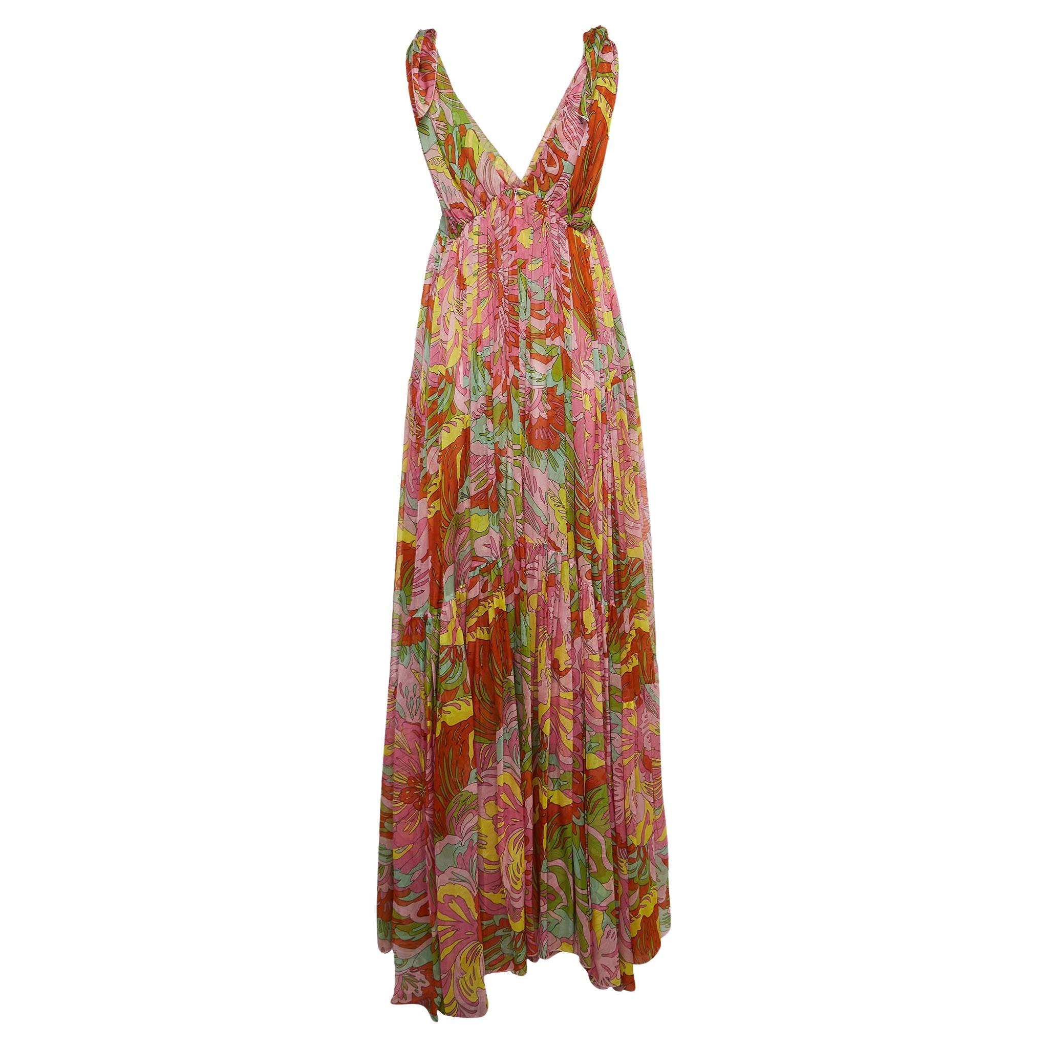 Dolce & Gabbana Pink Floral Print Silk Deep V-Neck Tiered Maxi Dress M For Sale
