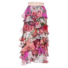 Dolce & Gabbana Pink Floral Print Silk Ruffled Maxi Skirt M