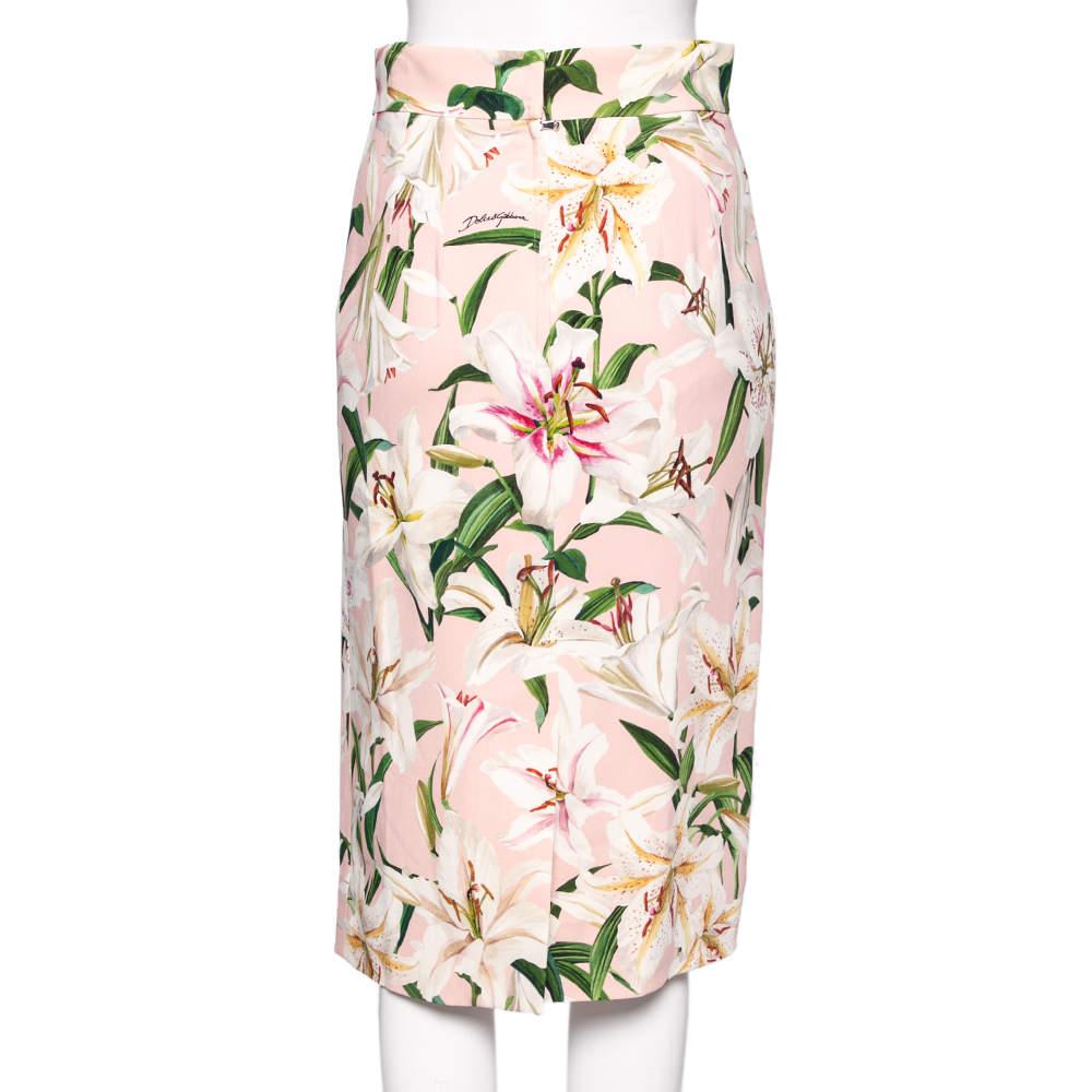 White Dolce & Gabbana Pink Floral Printed Crepe Midi Skirt S