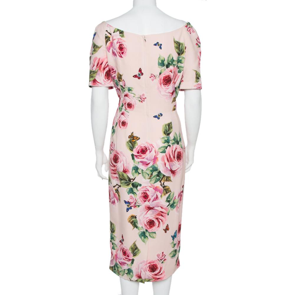 Beige Dolce & Gabbana Pink Floral Printed Crepe Sheath Dress L